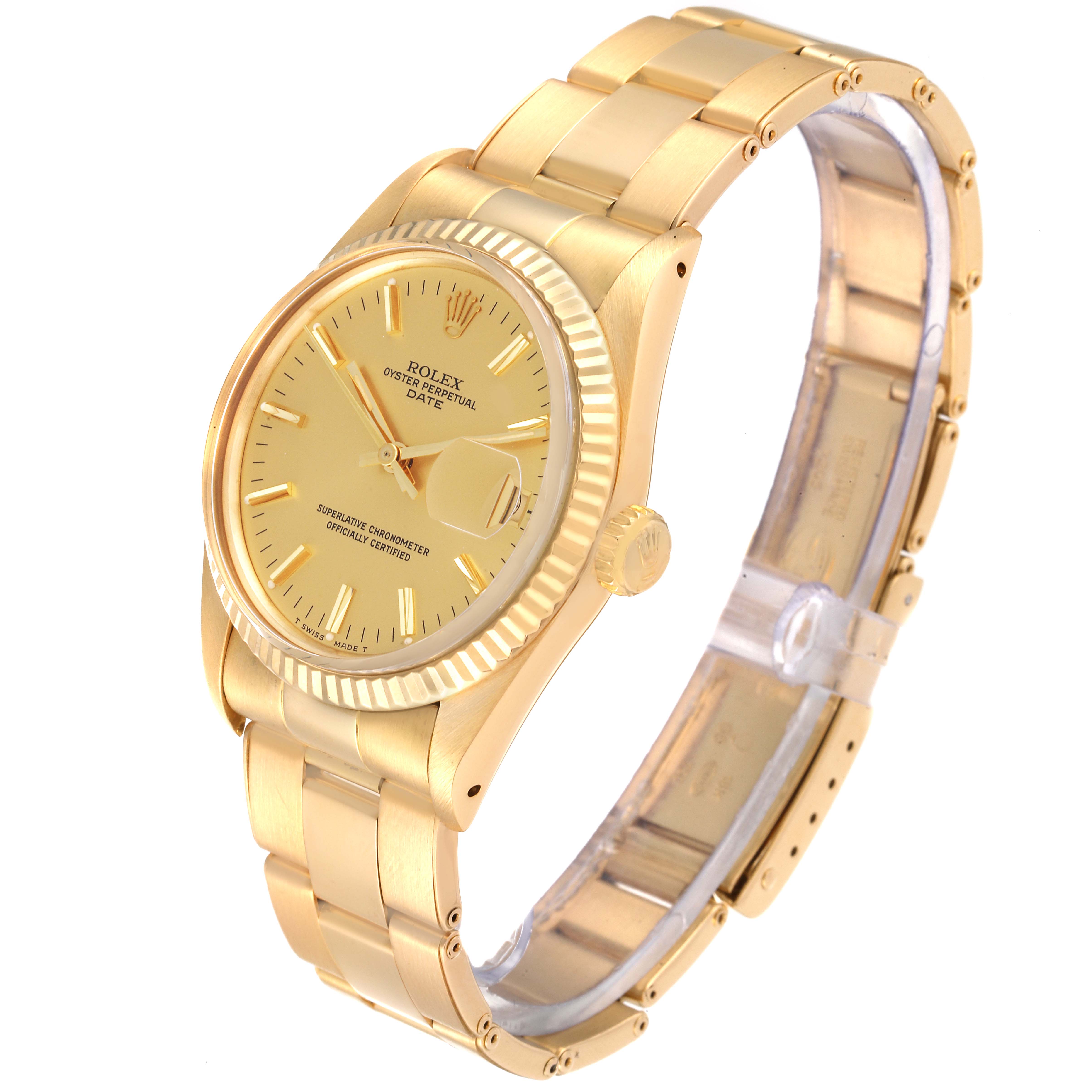 The image shows a gold Rolex Date 15038 Men's Yellow Gold Champagne Dial 15038 Men's Yellow Gold Champagne Dial model watch at a side angle featuring the dial, crown, and bracelet.