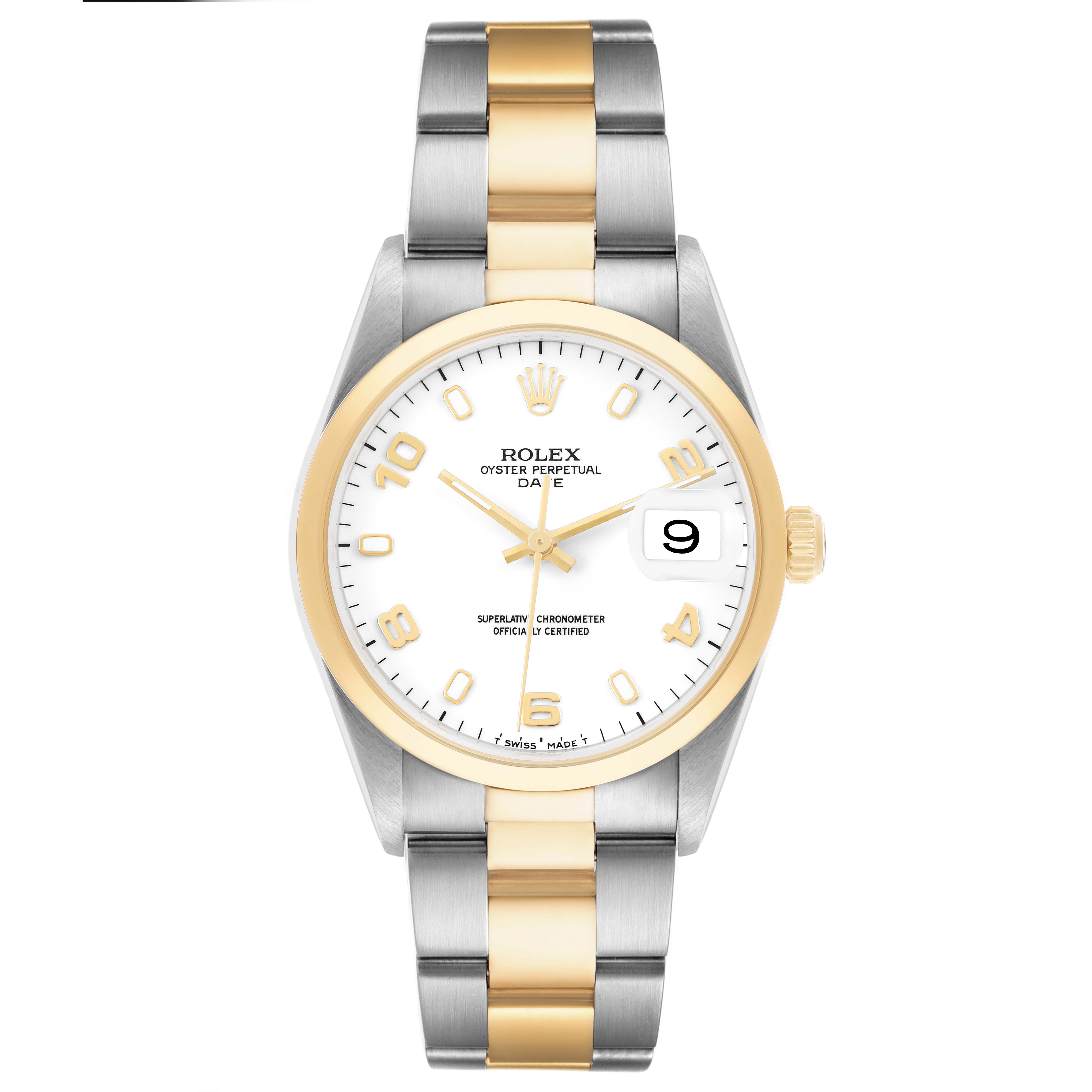 The Rolex Date 15203 Men's Steel and Gold (two tone) White Dial model is shown from the front, displaying the dial, bezel, and two-tone bracelet.