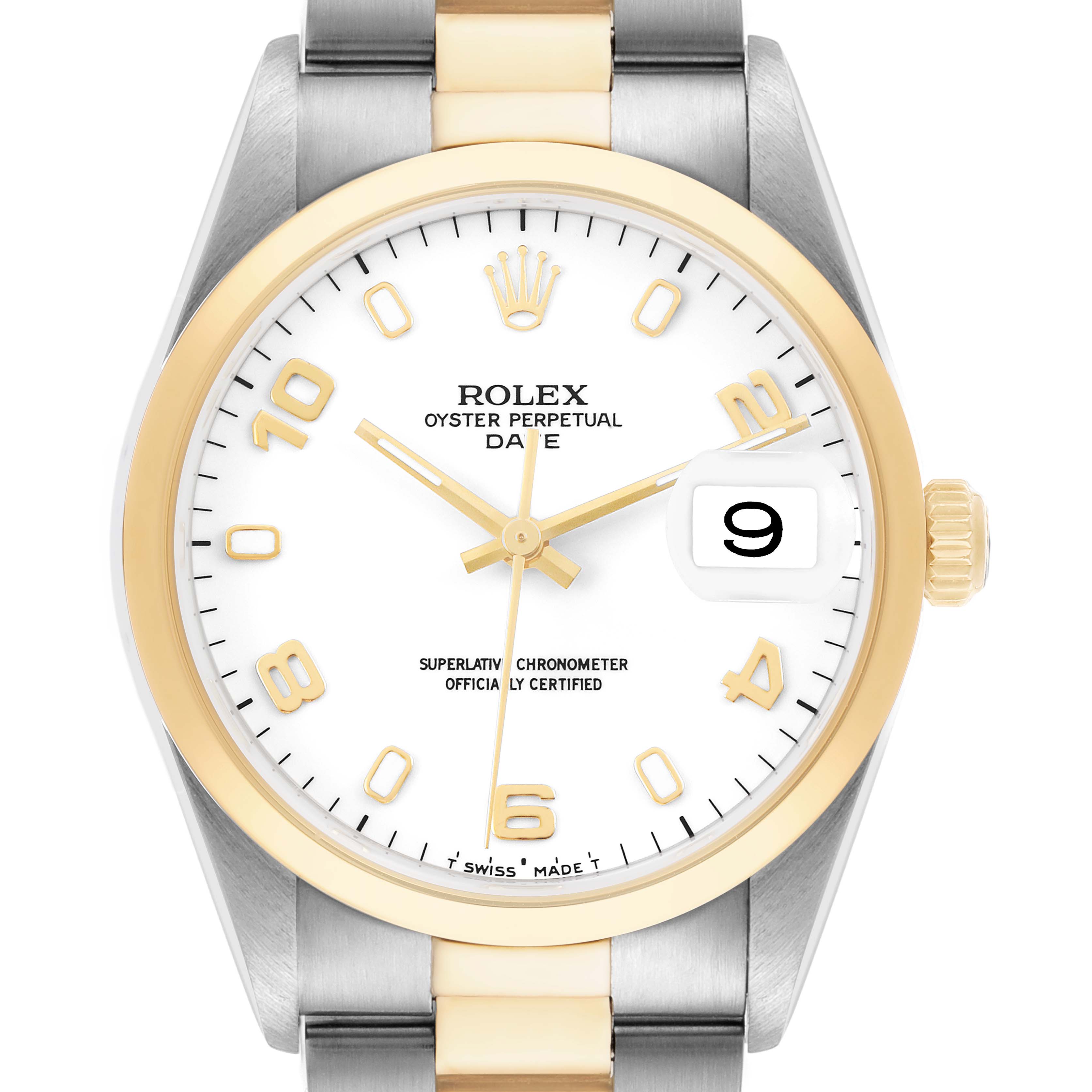 The image shows a front view of the Rolex Date 15203 Men's Steel and Gold (two tone) White Dial model, highlighting the dial, bezel, and crown.