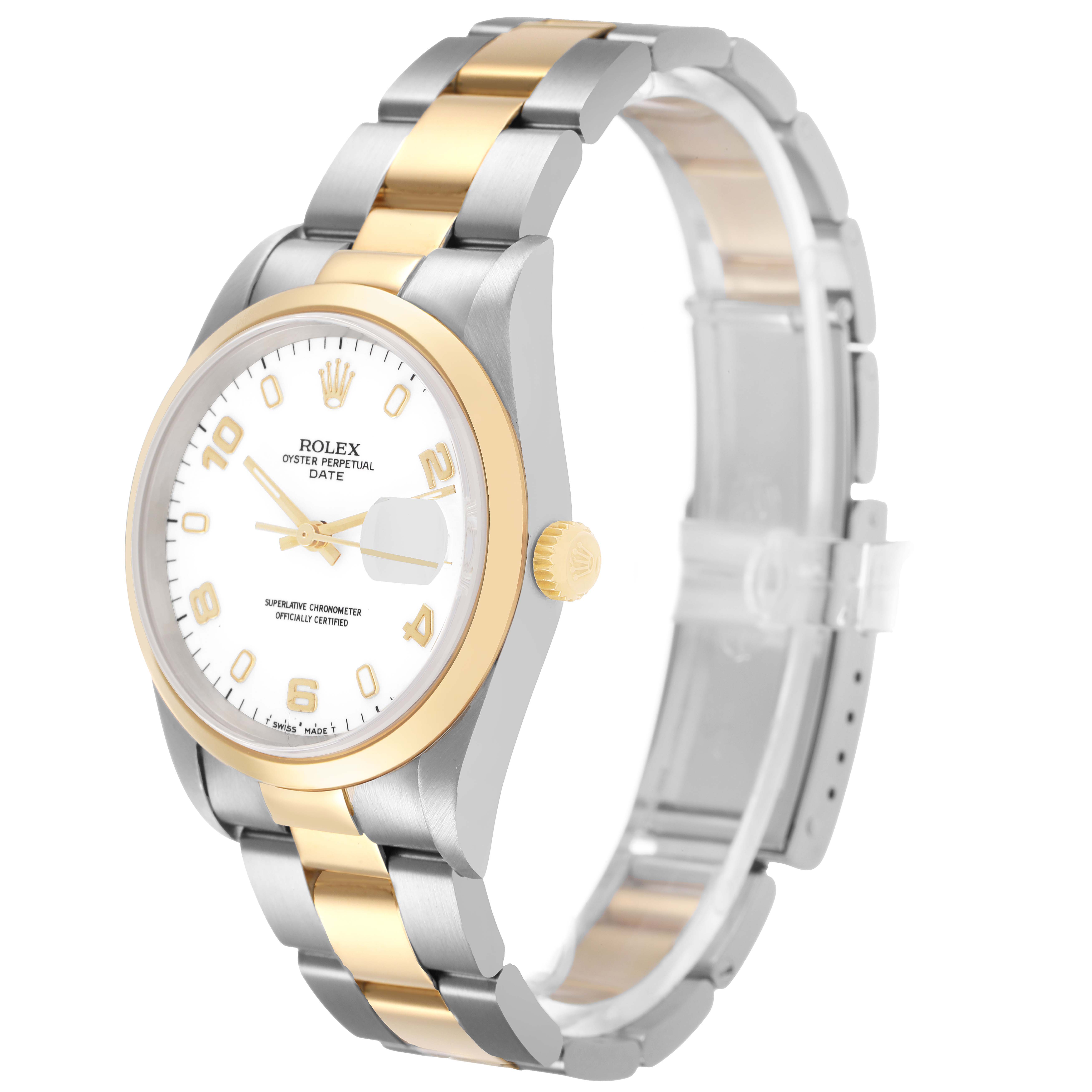 The Rolex Date 15203 Men's Steel and Gold (two tone) White Dial model watch is shown at a three-quarter angle, highlighting the face, bezel, and bracelet.