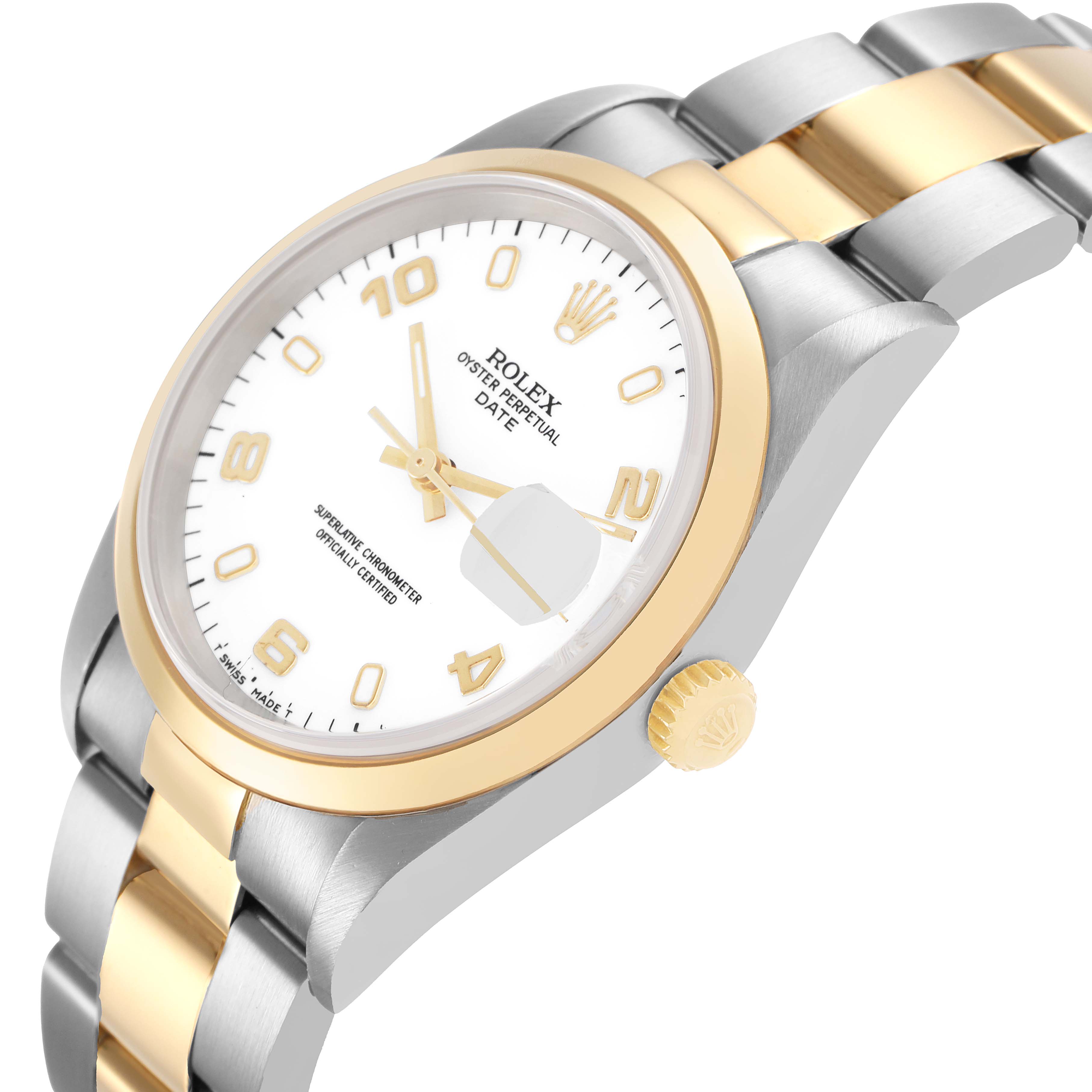 The Rolex Date 15203 Men's Steel and Gold (two tone) White Dial watch is shown at a side angle, highlighting the bezel, crown, and bracelet.