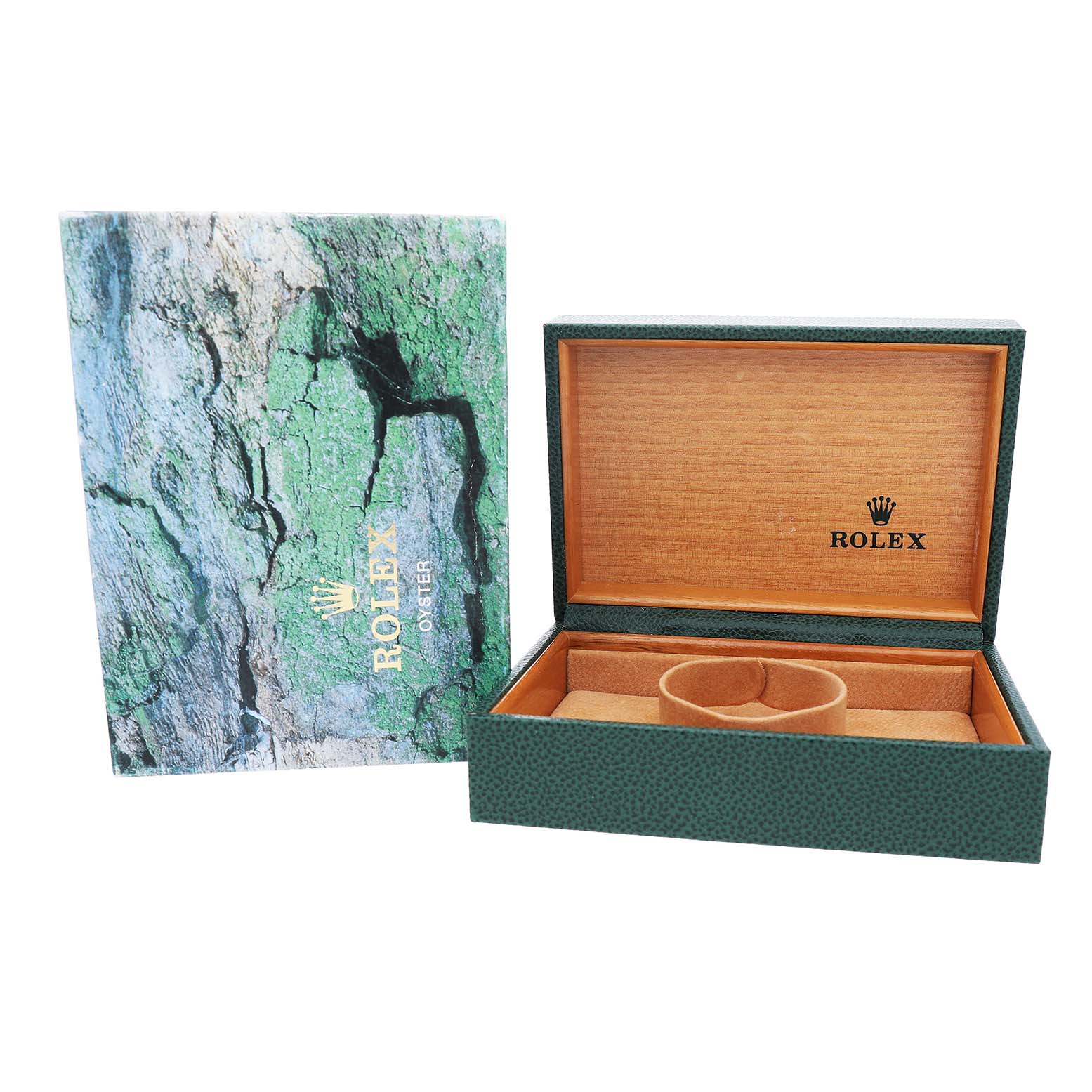 The image shows a Rolex Date 15203 Men's Steel and Gold (two tone) White Dial model watch box, open to display its interior and the outer cover with branding.