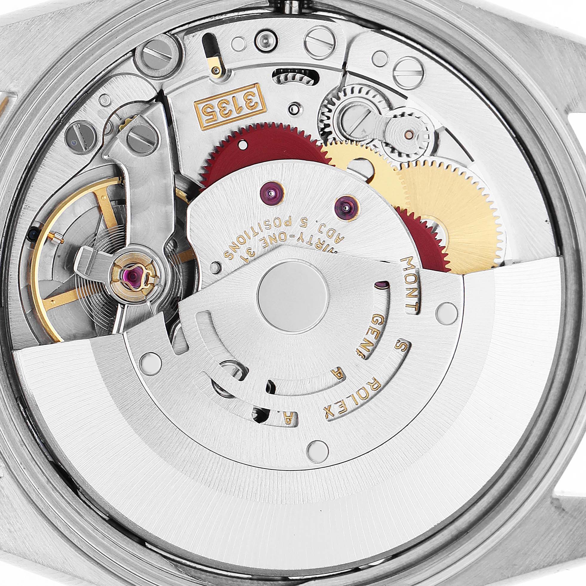 The image shows the movement mechanism of a Rolex Date 15203 Men's Steel and Gold (two tone) White Dial model with gears and rotors visible.
