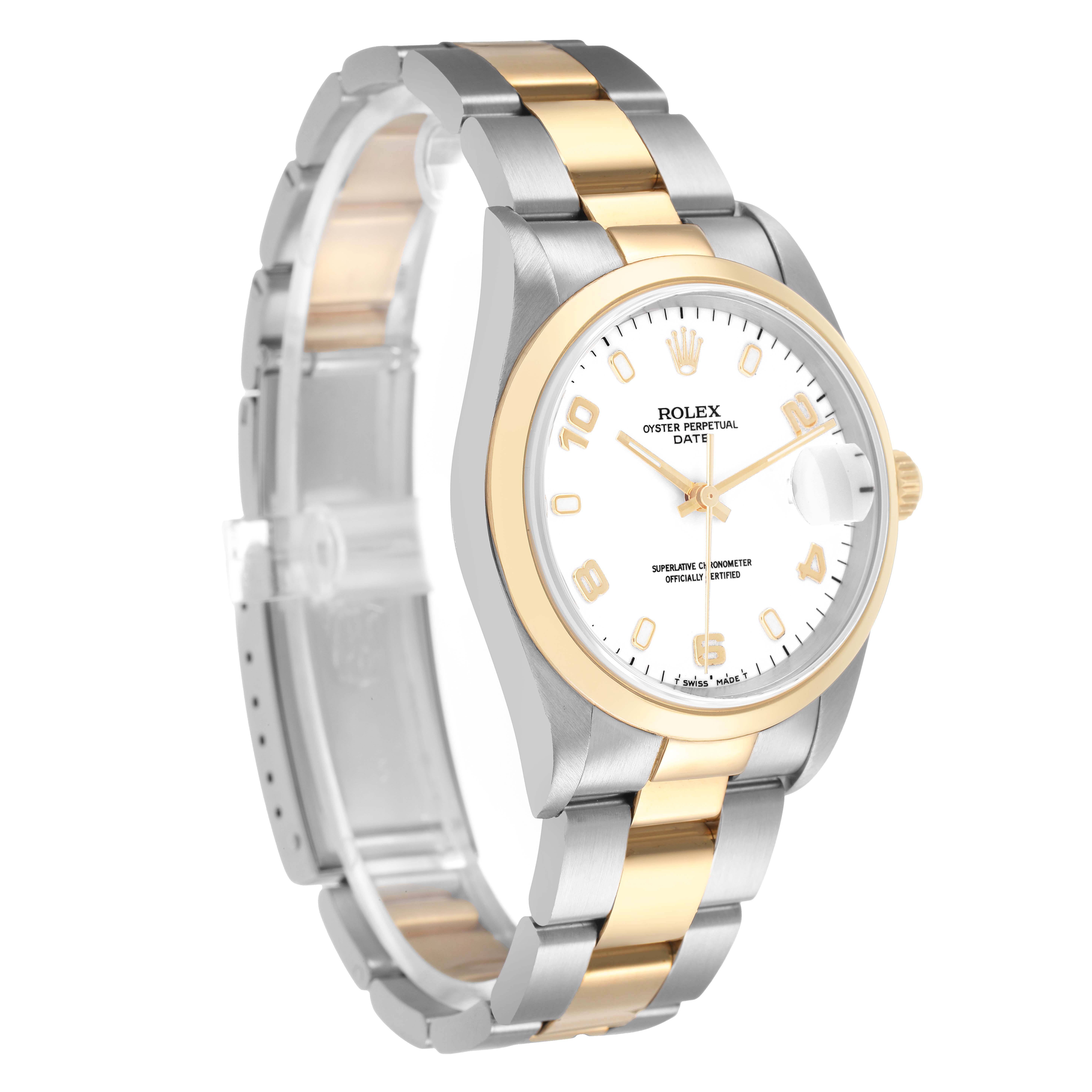 The Rolex Date 15203 Men's Steel and Gold (two tone) White Dial watch is shown at a three-quarter angle, highlighting the face, bezel, and two-tone bracelet.