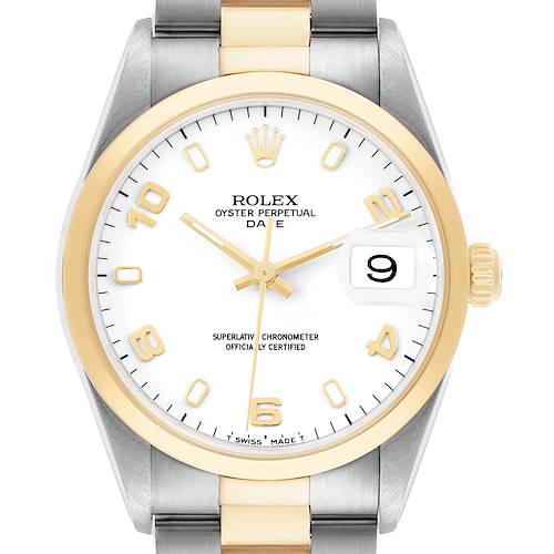 The Rolex Date 15203 Men's Steel and Gold (two tone) White Dial model watch is shown from the front, highlighting the face, crown, bezel, and part of the bracelet.