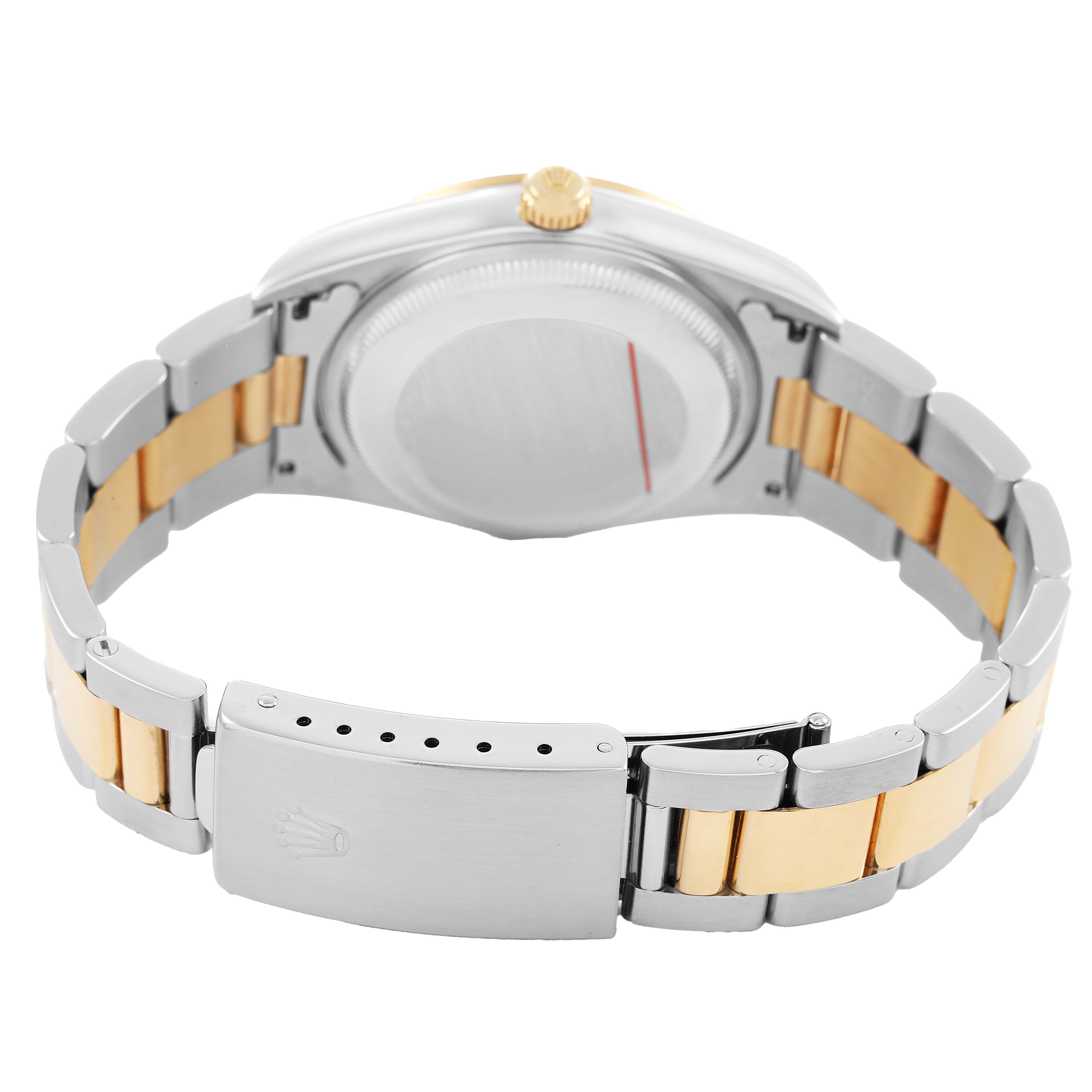 The image shows the back of a Rolex Date 15203 Men's Steel and Gold (two tone) White Dial watch, highlighting the two-tone bracelet and clasp from a rear angle.