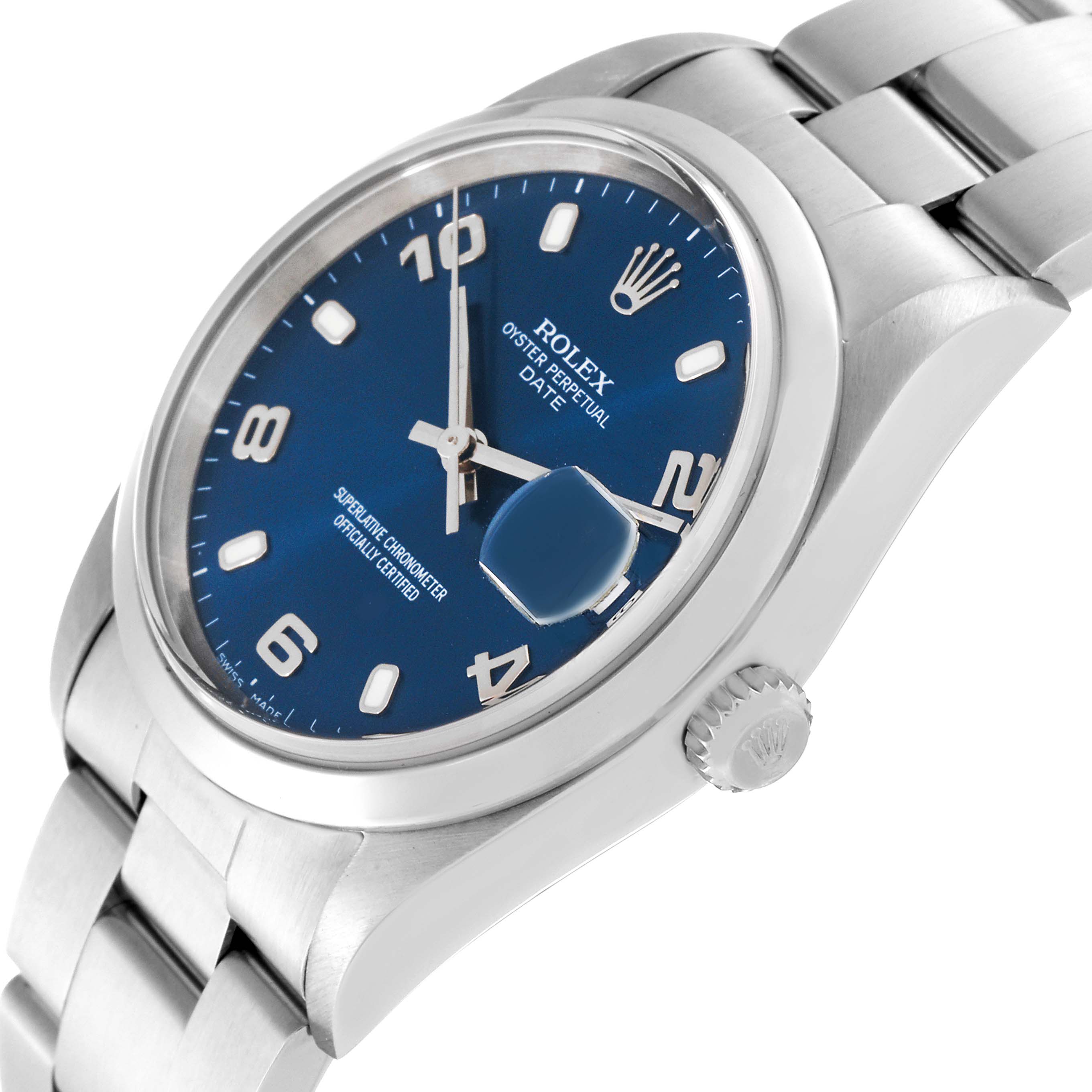 The image shows a Rolex Date 15200 Men
s Stainless Steel Blue Dial 15200 Men
s Stainless Steel Blue Dial model watch at an oblique angle, highlighting the blue dial, case, bracelet, and crown.