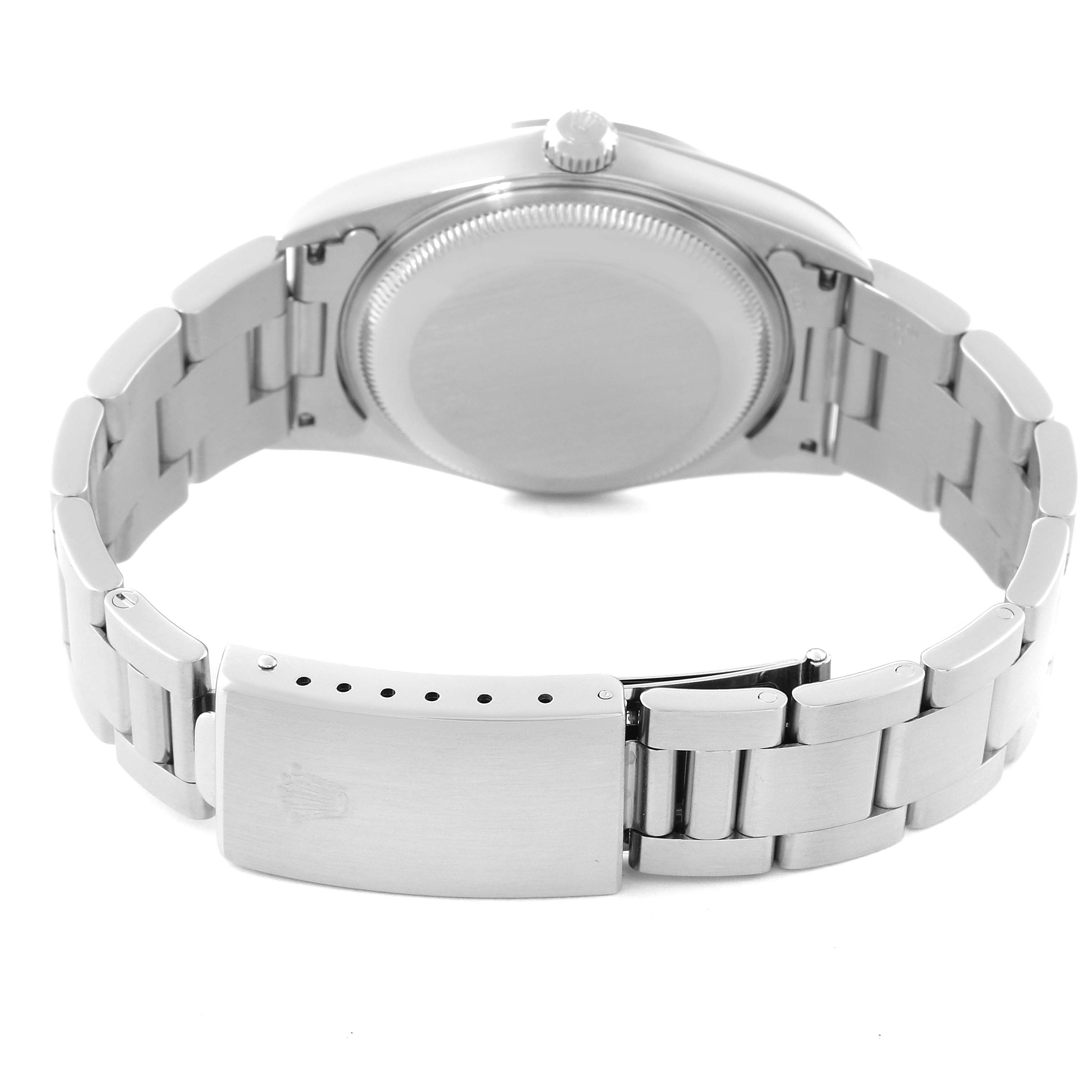 This image shows the back view of a Rolex Date 15200 Men
s Stainless Steel Blue Dial 15200 Men
s Stainless Steel Blue Dial model watch, focusing on the case back and bracelet clasp.