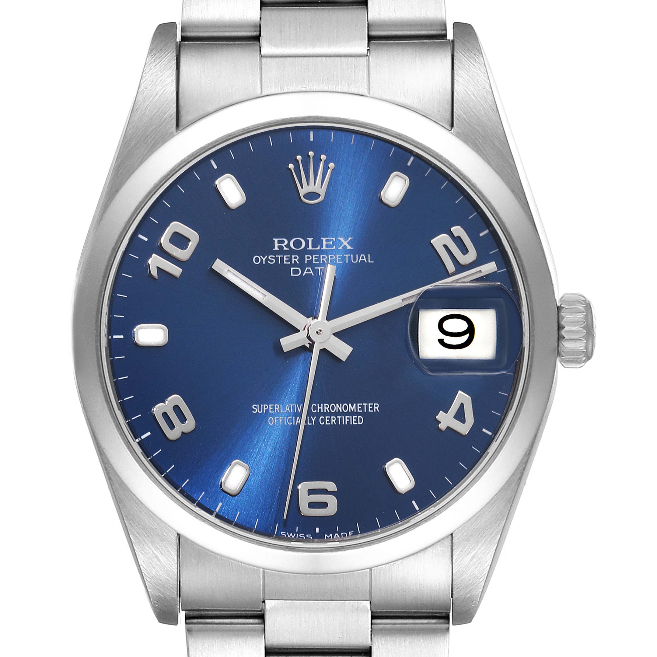 The image shows a front view of the Rolex Oyster Perpetual Date, highlighting the dial, hands, markers, and date window.
