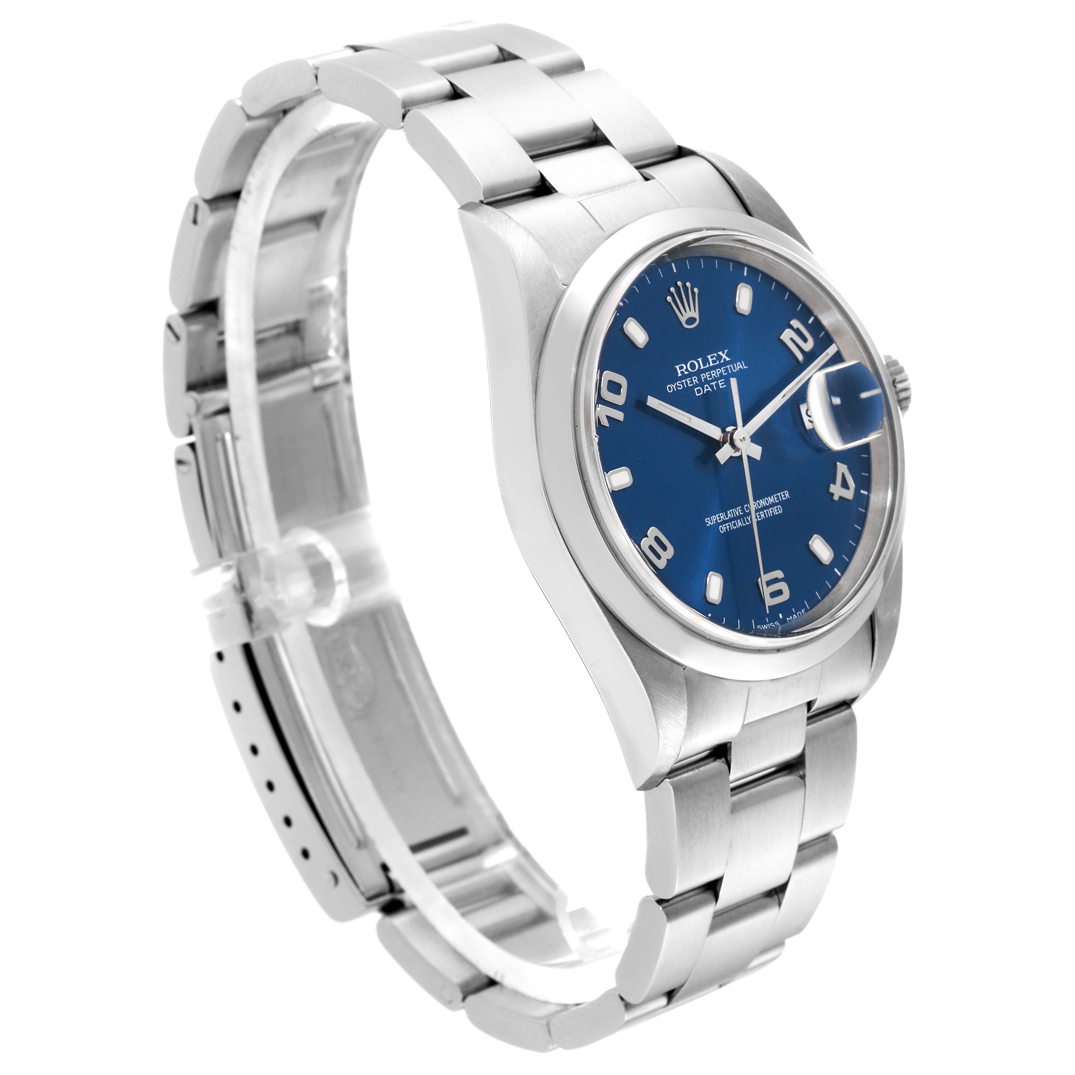 This is a side-angle view of a Rolex Date 15200 Men
s Stainless Steel Blue Dial 15200 Men
s Stainless Steel Blue Dial model watch showcasing its blue dial, stainless steel bracelet, and case.