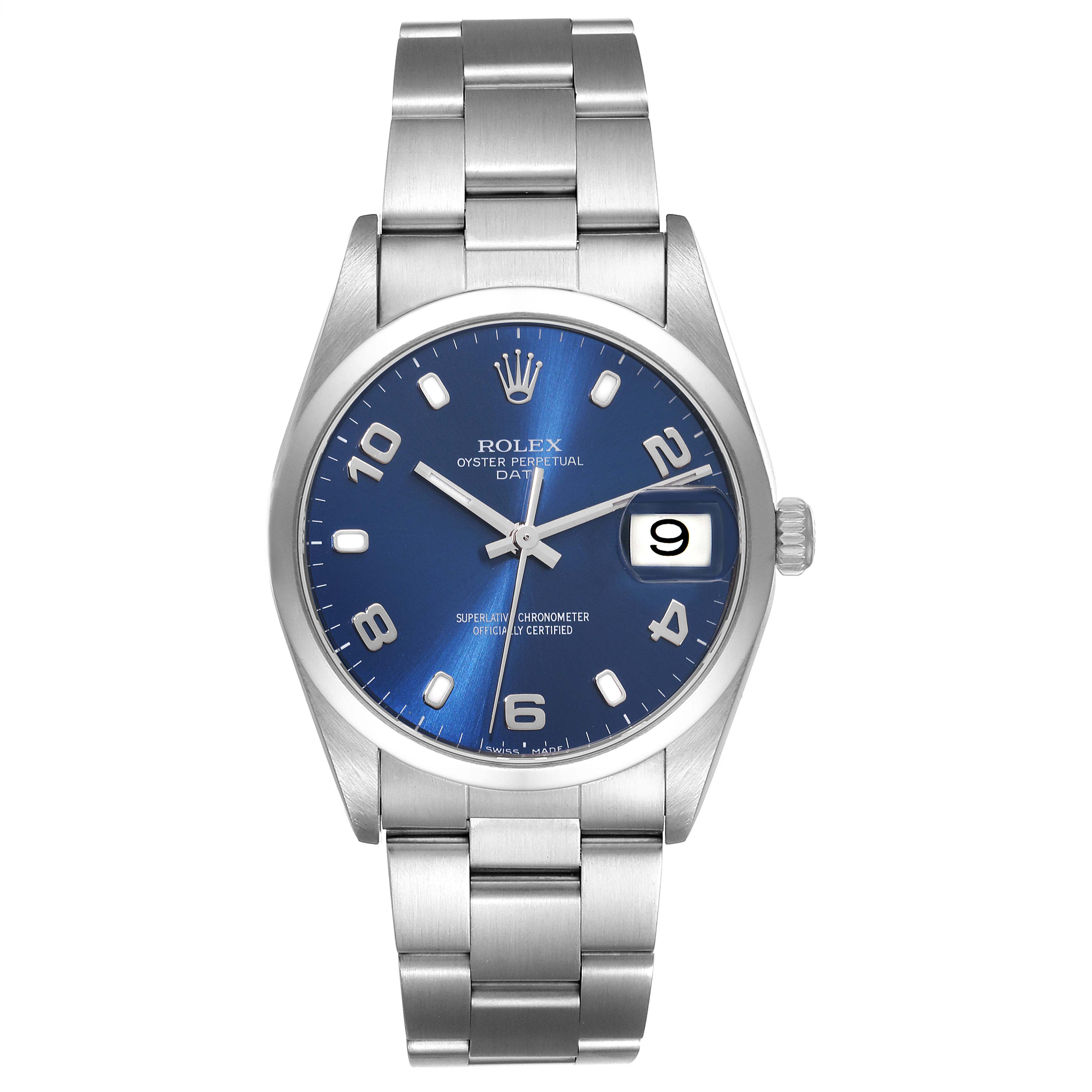 The image shows a front view of a Rolex Oyster Perpetual Date model watch, displaying its blue dial and stainless-steel bracelet.