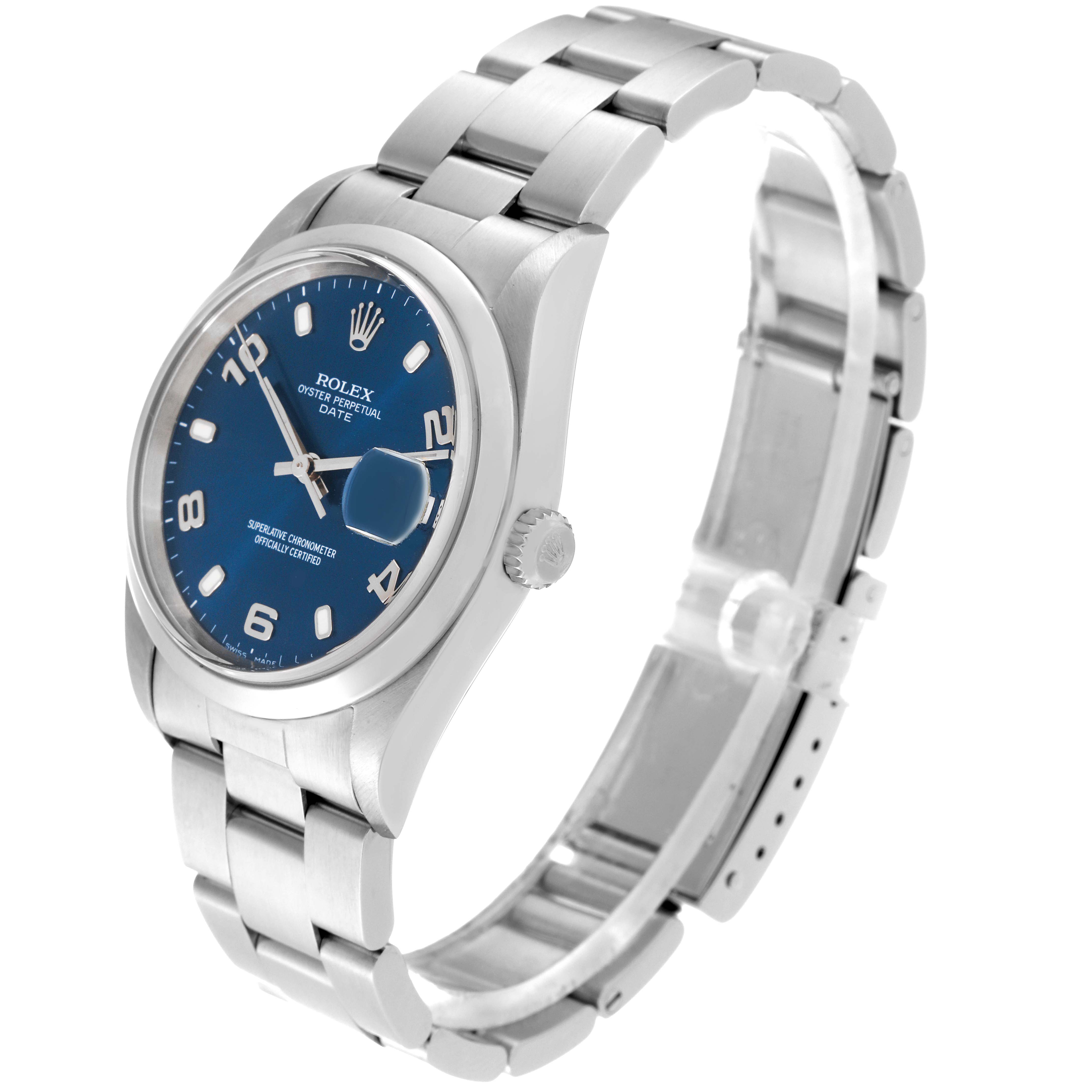 The image shows a side view angle of a Rolex Oyster Perpetual Date watch with a blue dial and stainless steel bracelet.