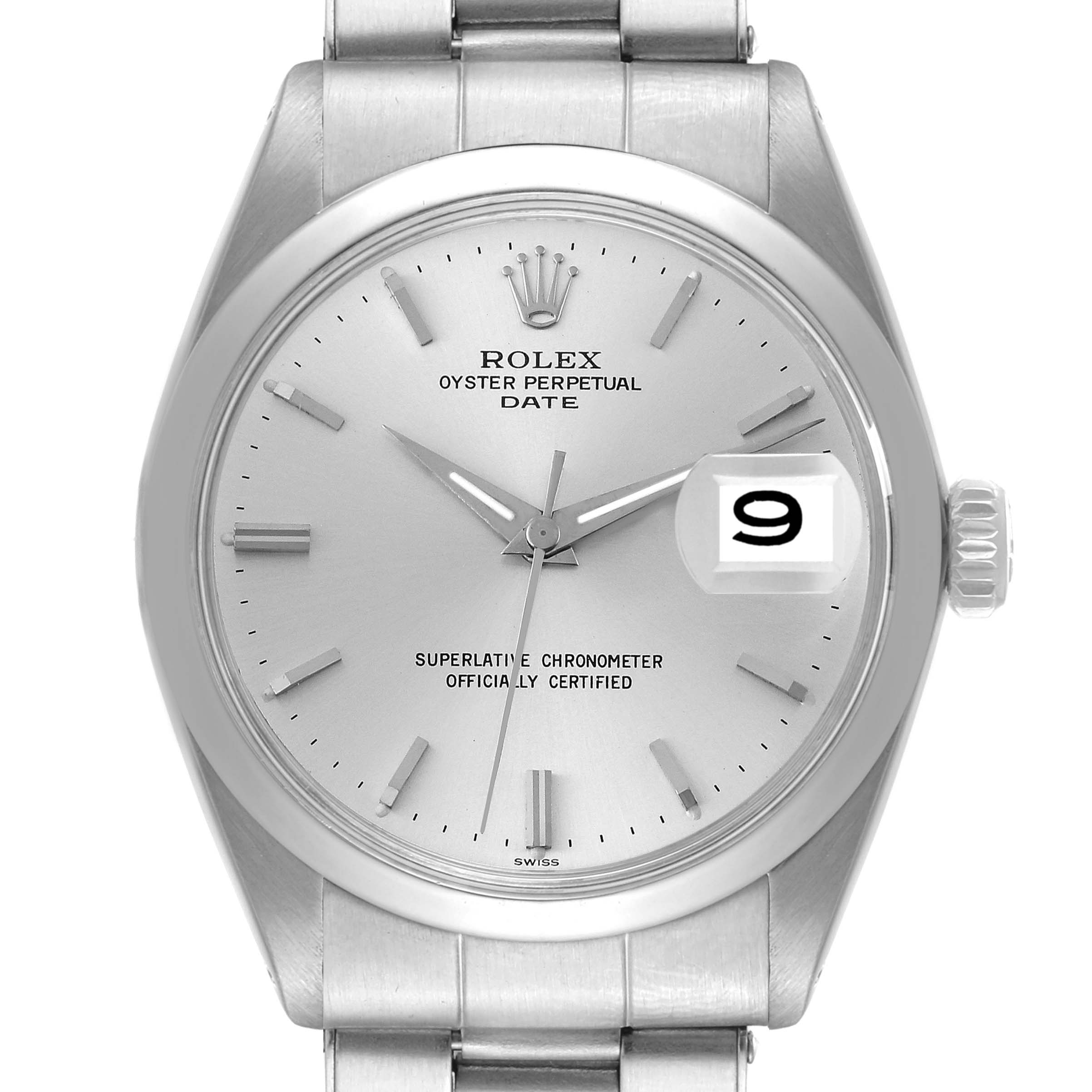 The image shows a frontal view of a Rolex Oyster Perpetual Date watch, highlighting the dial, hands, date, and part of the bracelet.