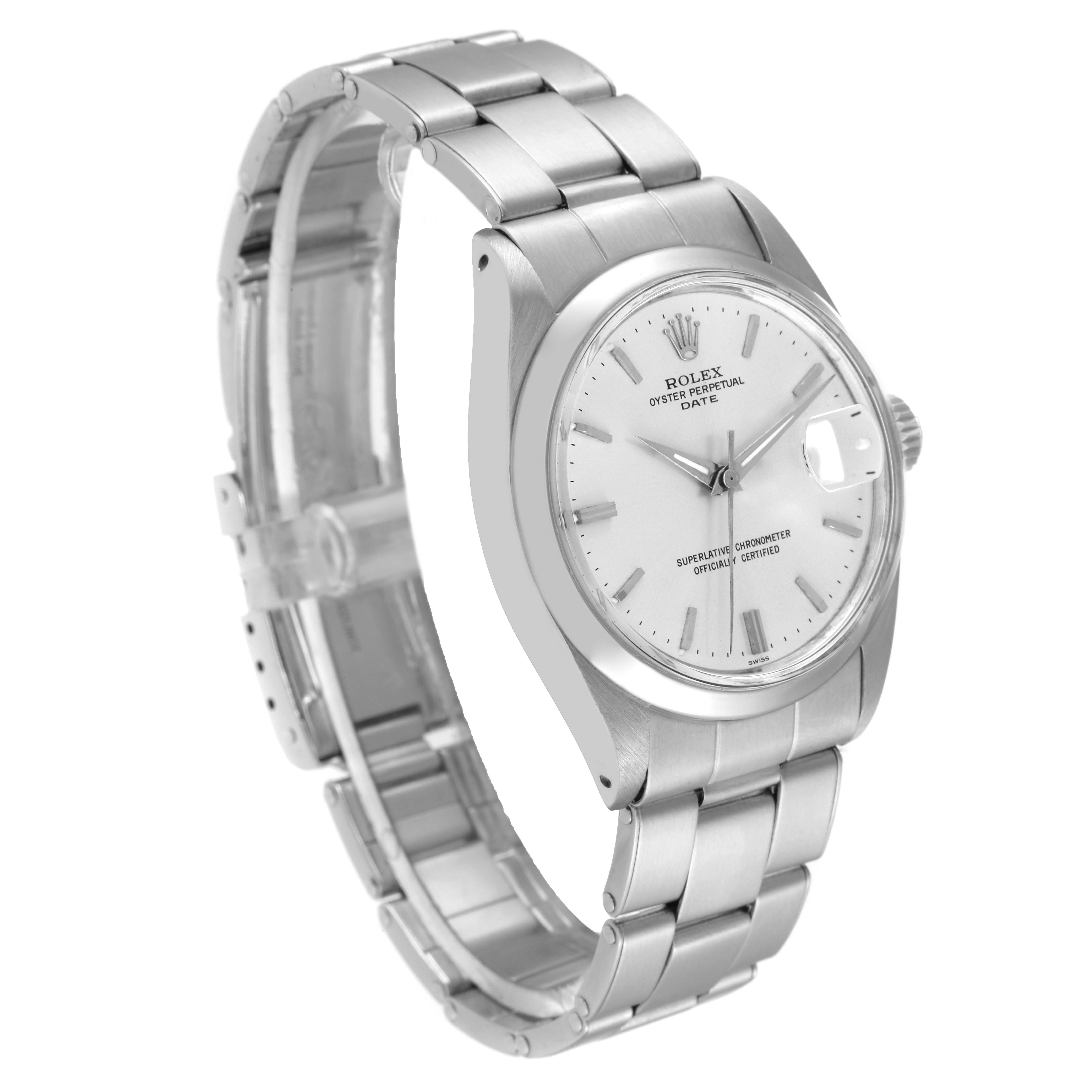 The image shows a Rolex Date 1500 Men's Stainless Steel Silver Dial 1500 Men's Stainless Steel Silver Dial model watch at a slight angle, highlighting its face and metal bracelet.