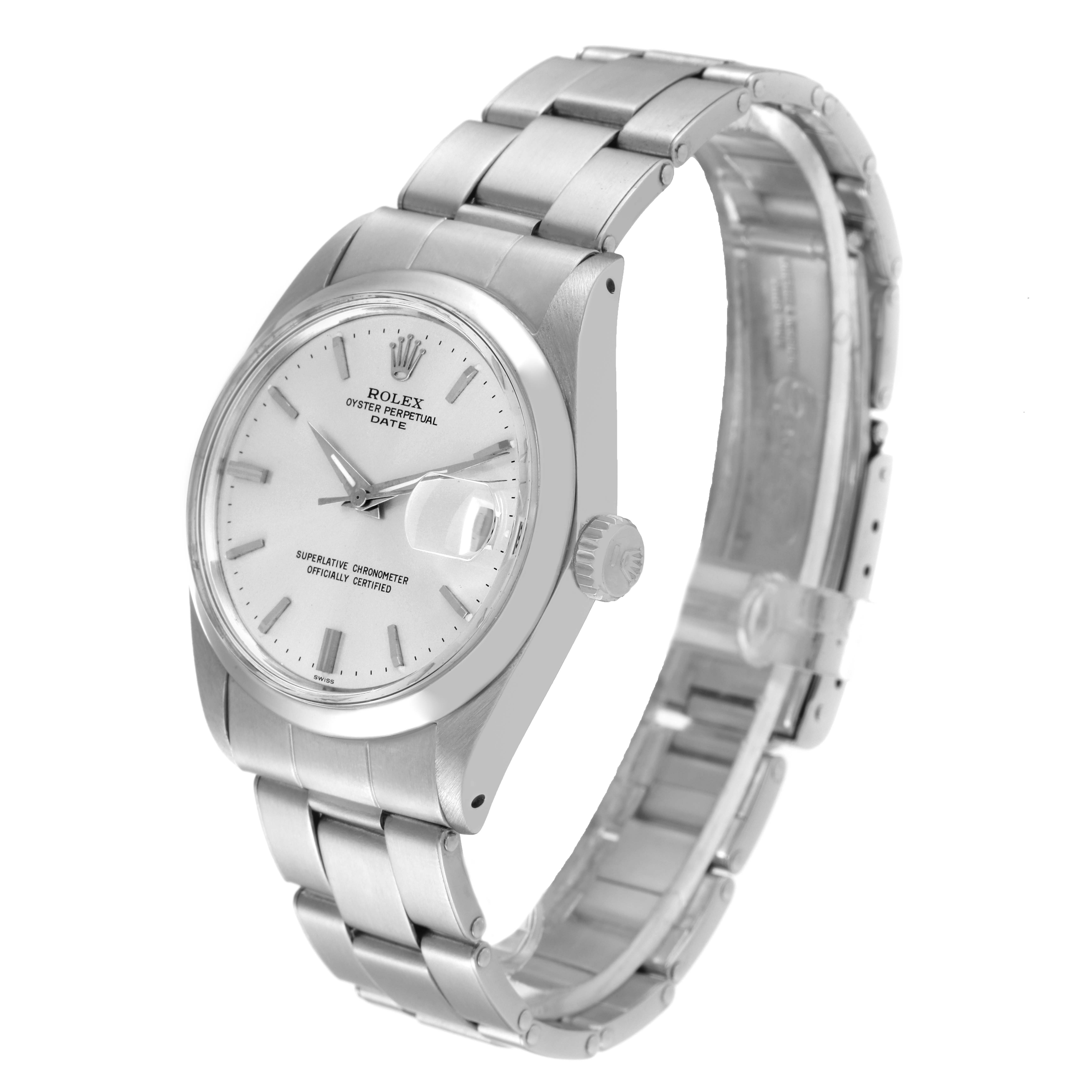 The Rolex Date 1500 Men's Stainless Steel Silver Dial 1500 Men's Stainless Steel Silver Dial watch is shown at a three-quarter angle highlighting the dial, crown, and bracelet.