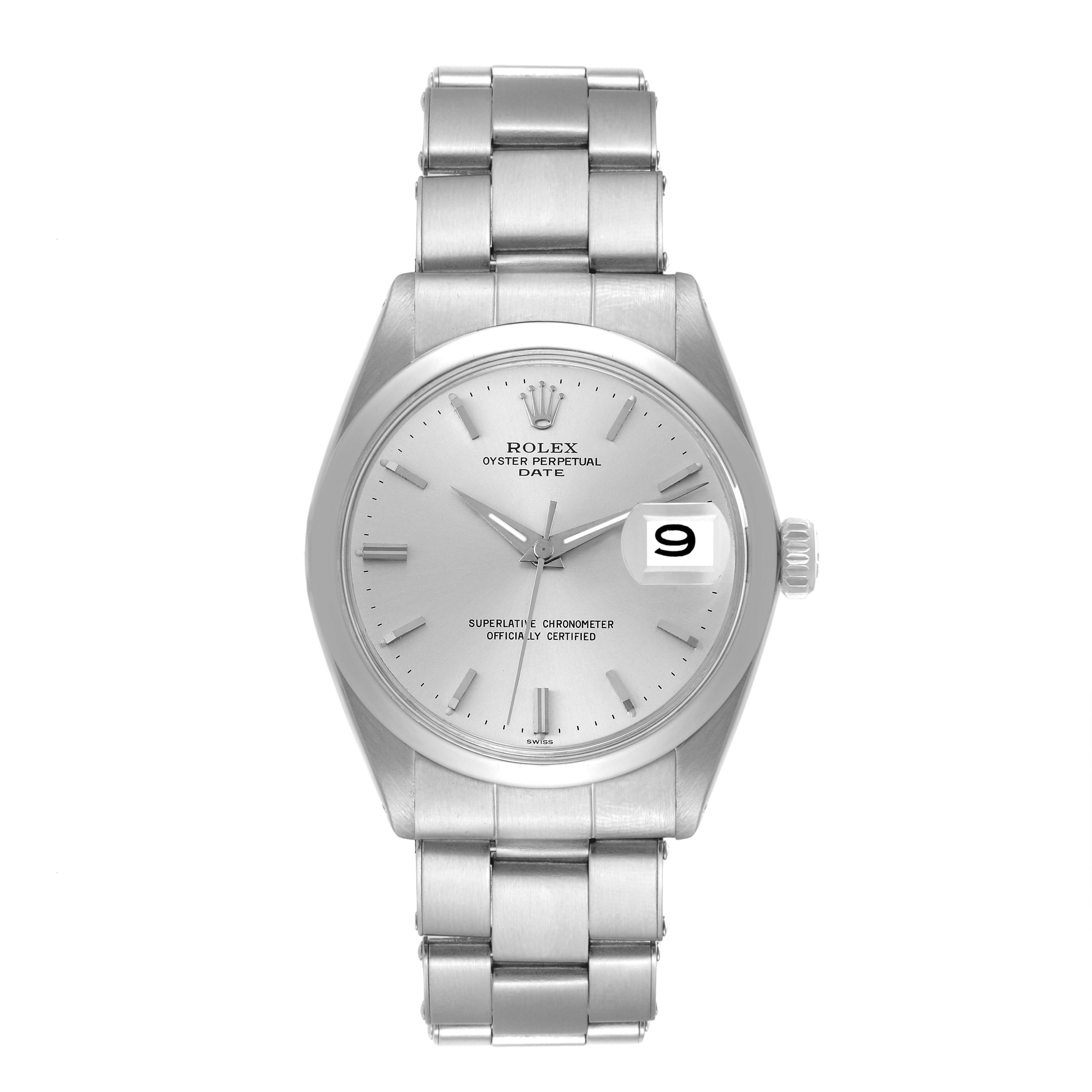 This image shows the front view of a Rolex Oyster Perpetual Date watch, displaying the bracelet, dial, and date magnifier.