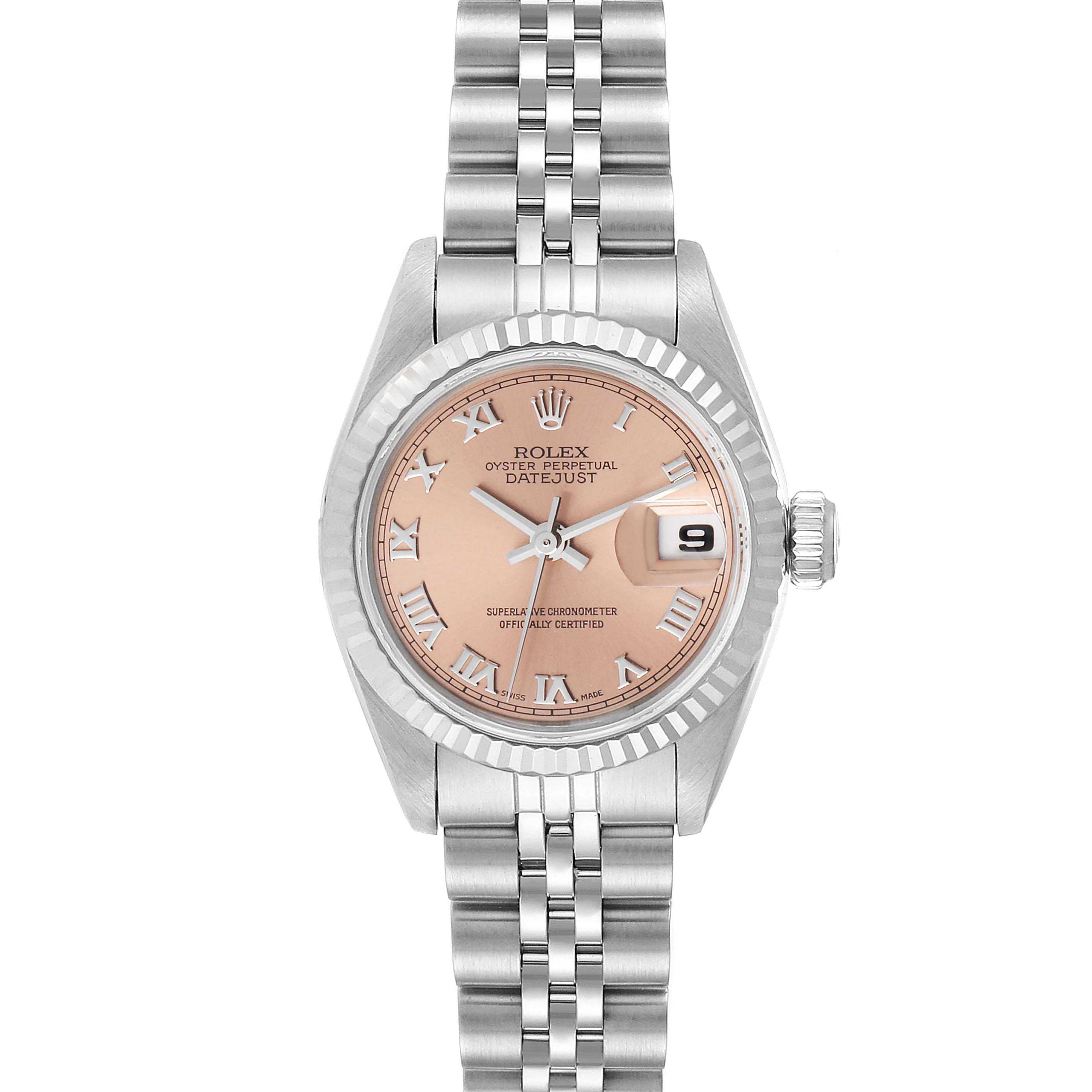 This image shows a front view of a Rolex Datejust 69174 Women
s Stainless Steel Pink Dial 69174 Women
s Stainless Steel Pink Dial, displaying the dial, bezel, bracelet, and crown.