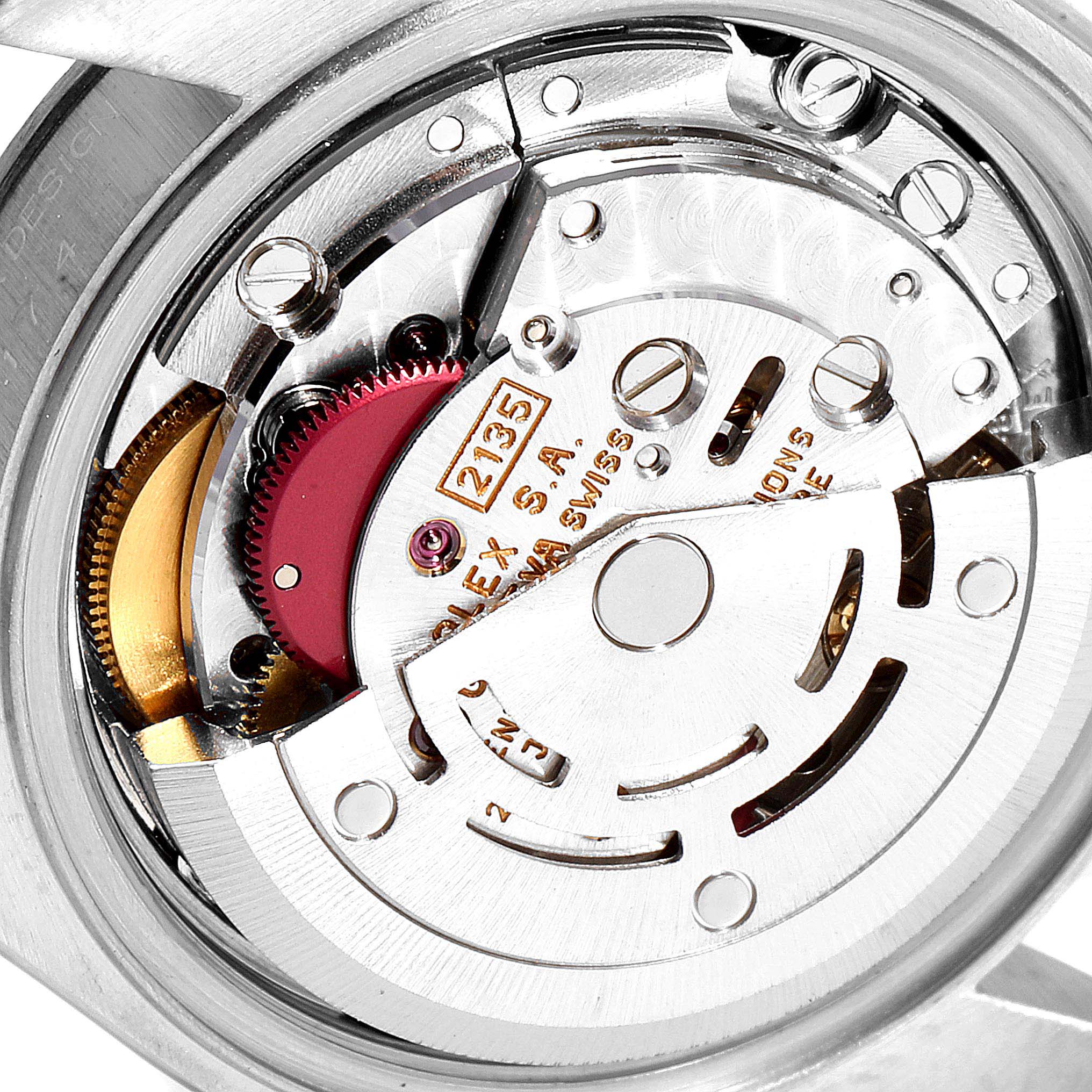 This is an image of the Rolex Datejust 69174 Women
s Stainless Steel Pink Dial 69174 Women
s Stainless Steel Pink Dial watch movement, showing an up-close view of its automatic mechanism components.