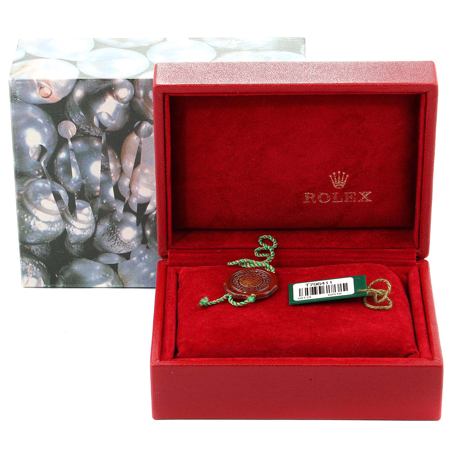 The image shows a red Rolex Datejust 69174 Women
s Stainless Steel Pink Dial 69174 Women
s Stainless Steel Pink Dial watch box with a warranty tag inside.