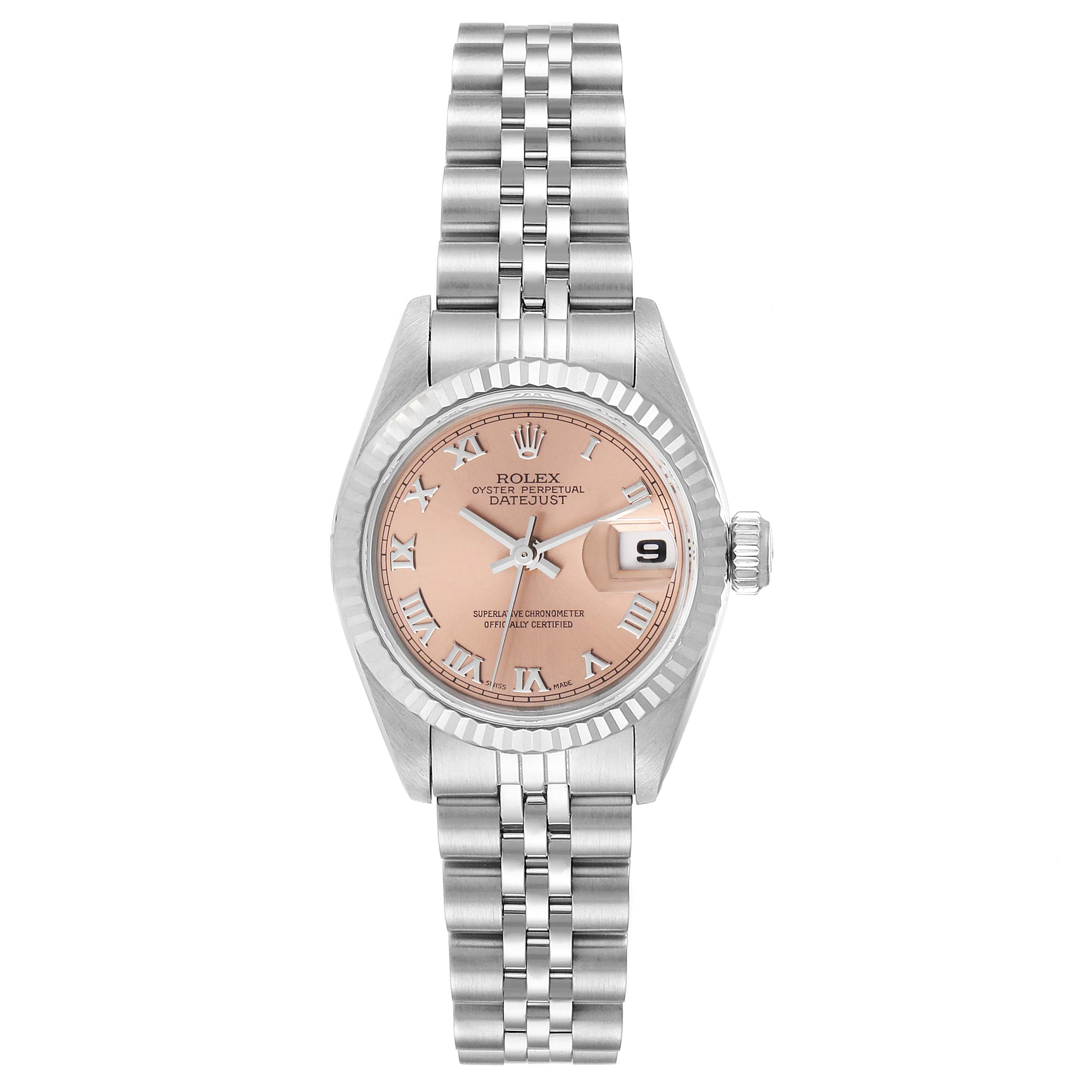 The image shows a front view of a Rolex Datejust 69174 Women
s Stainless Steel Pink Dial 69174 Women
s Stainless Steel Pink Dial watch featuring a silver bracelet and a pink dial with a date window.