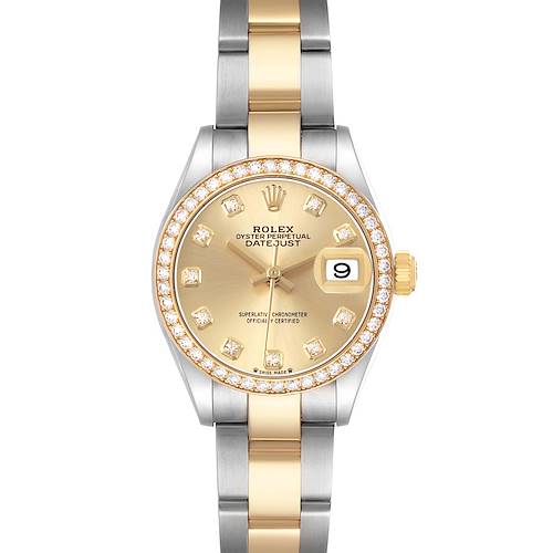 The Rolex Datejust 279383 Women's Stainless Steel Champagne Dial watch is shown from a top view, featuring the face, bezel, and part of the bracelet.