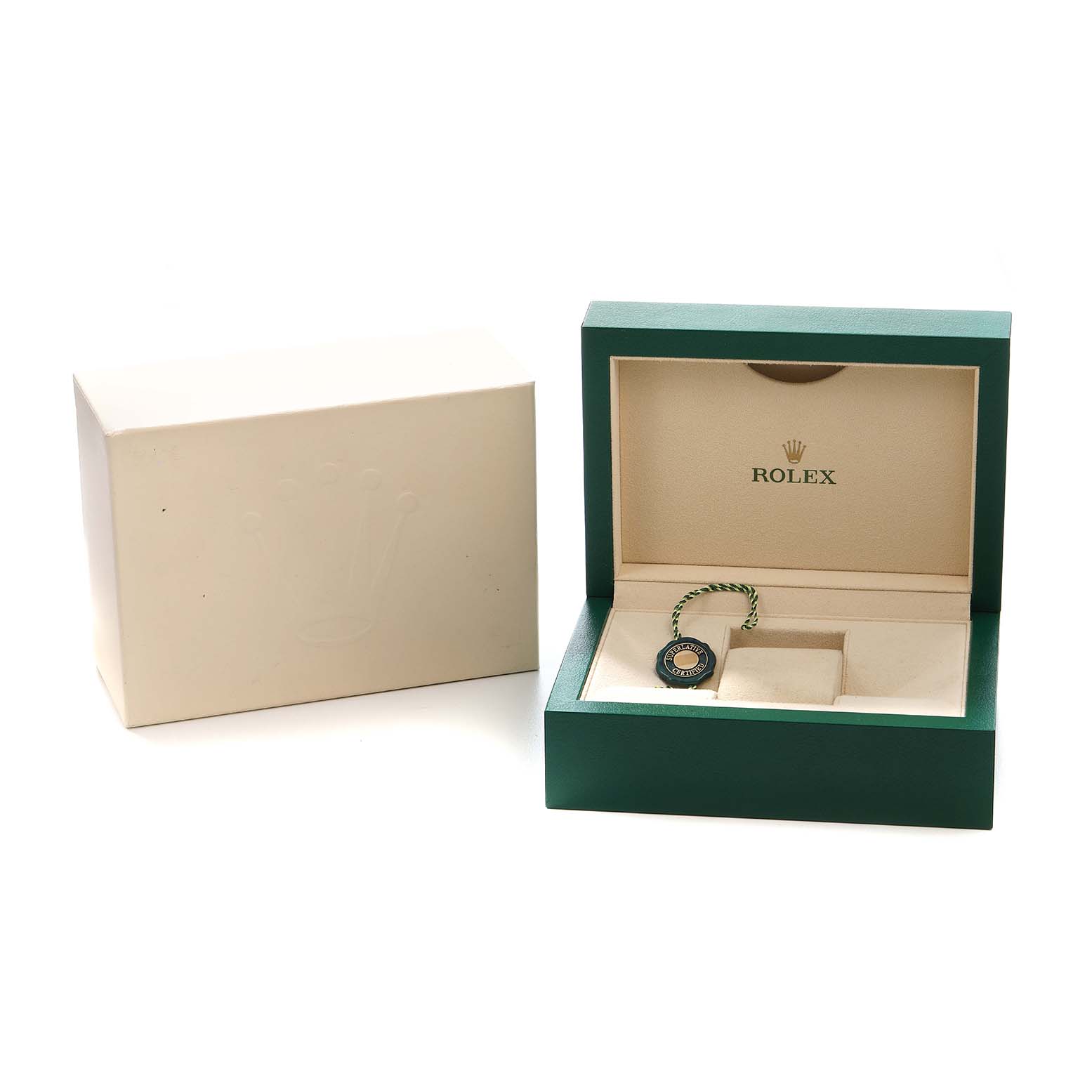The image shows the open box and packaging for a Rolex Datejust 279383 Women's Stainless Steel Champagne Dial, featuring the interior compartments and a tag.