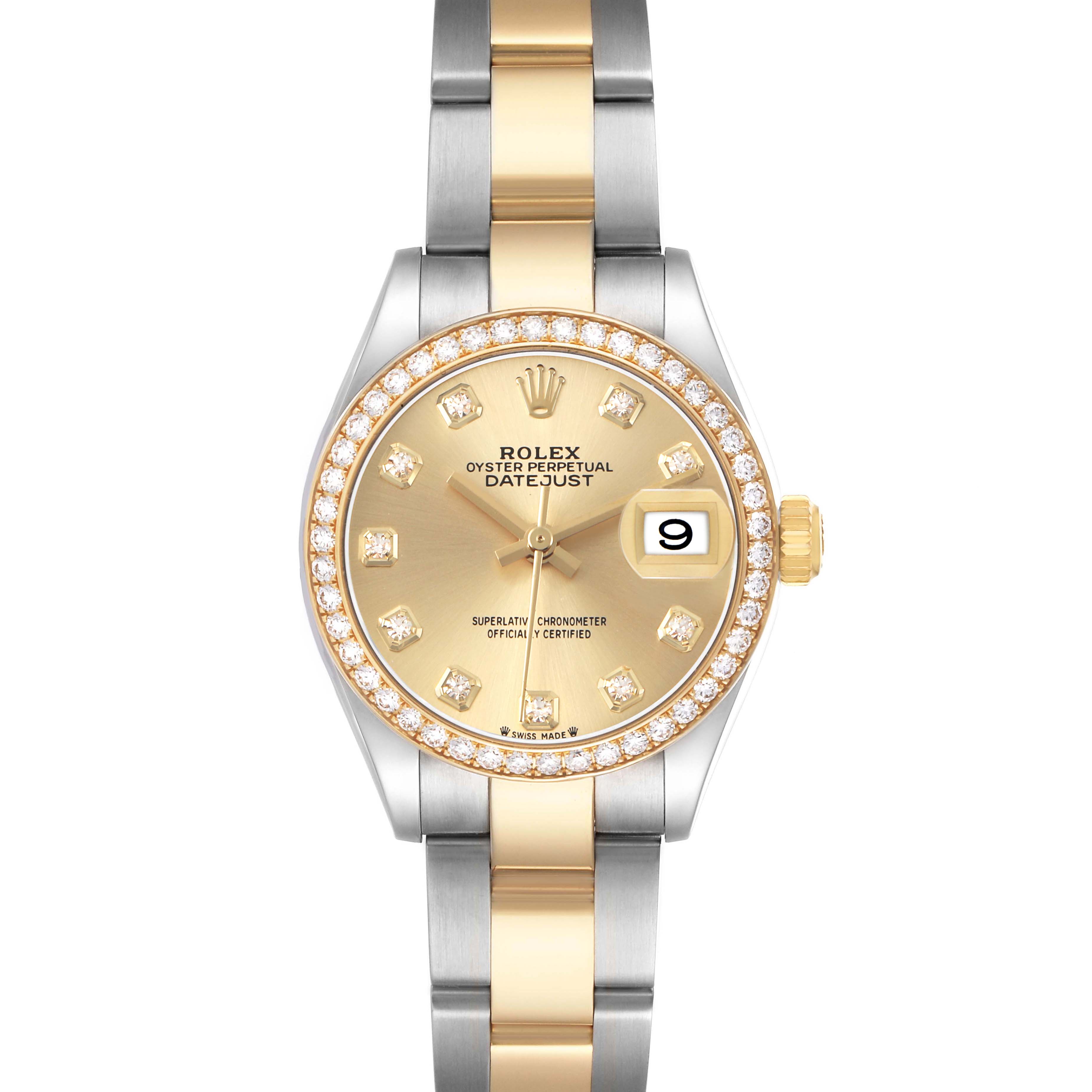 The Rolex Datejust 279383 Women's Stainless Steel Champagne Dial watch is shown from a front angle, highlighting its gold dial, diamond markers, and two-tone bracelet.