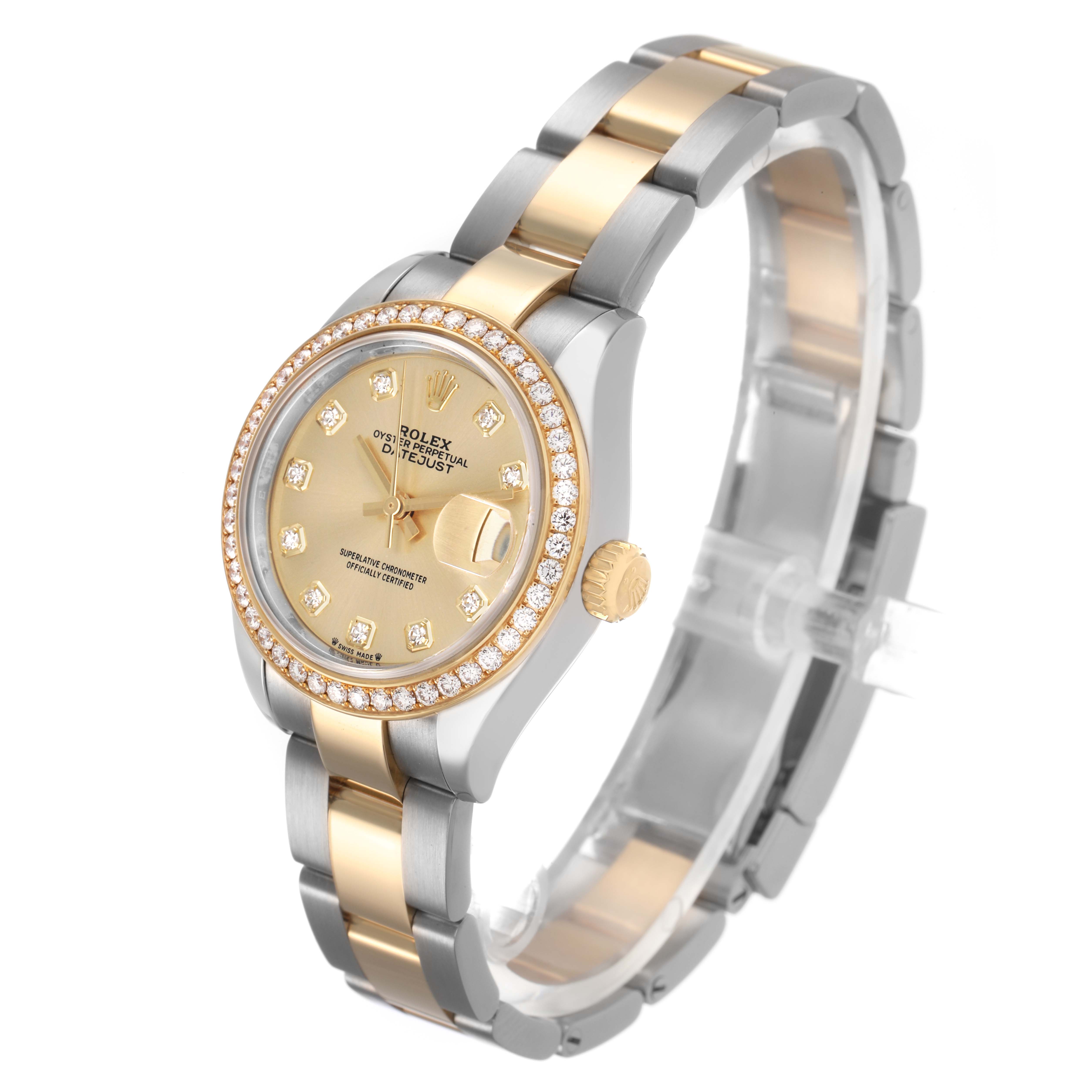 The Rolex Datejust 279383 Women's Stainless Steel Champagne Dial watch is shown at a three-quarter angle, displaying its face, bezel, crown, and two-tone bracelet.
