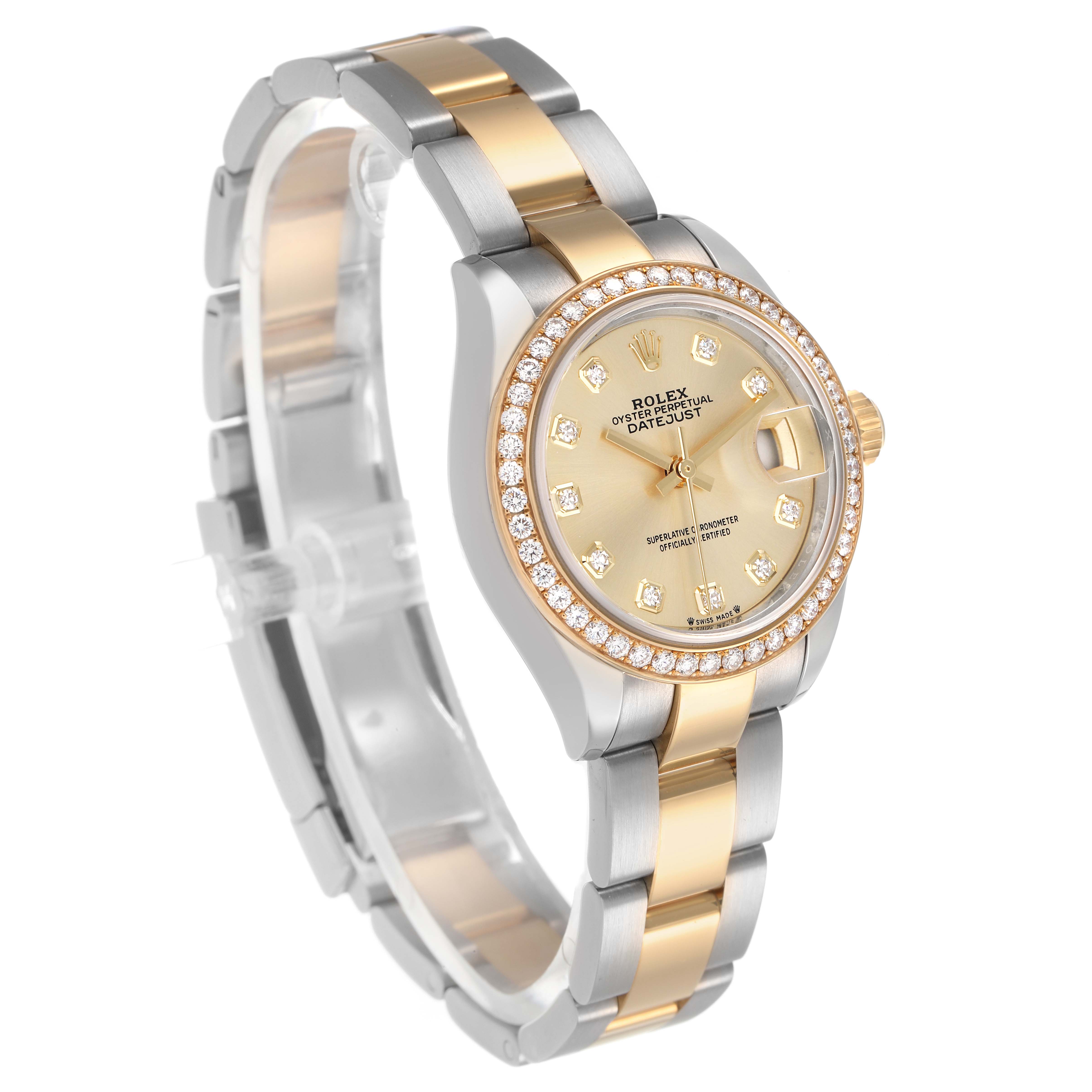 The Rolex Datejust 279383 Women's Stainless Steel Champagne Dial watch is shown at a slight side angle, highlighting its face, bezel, and bracelet.
