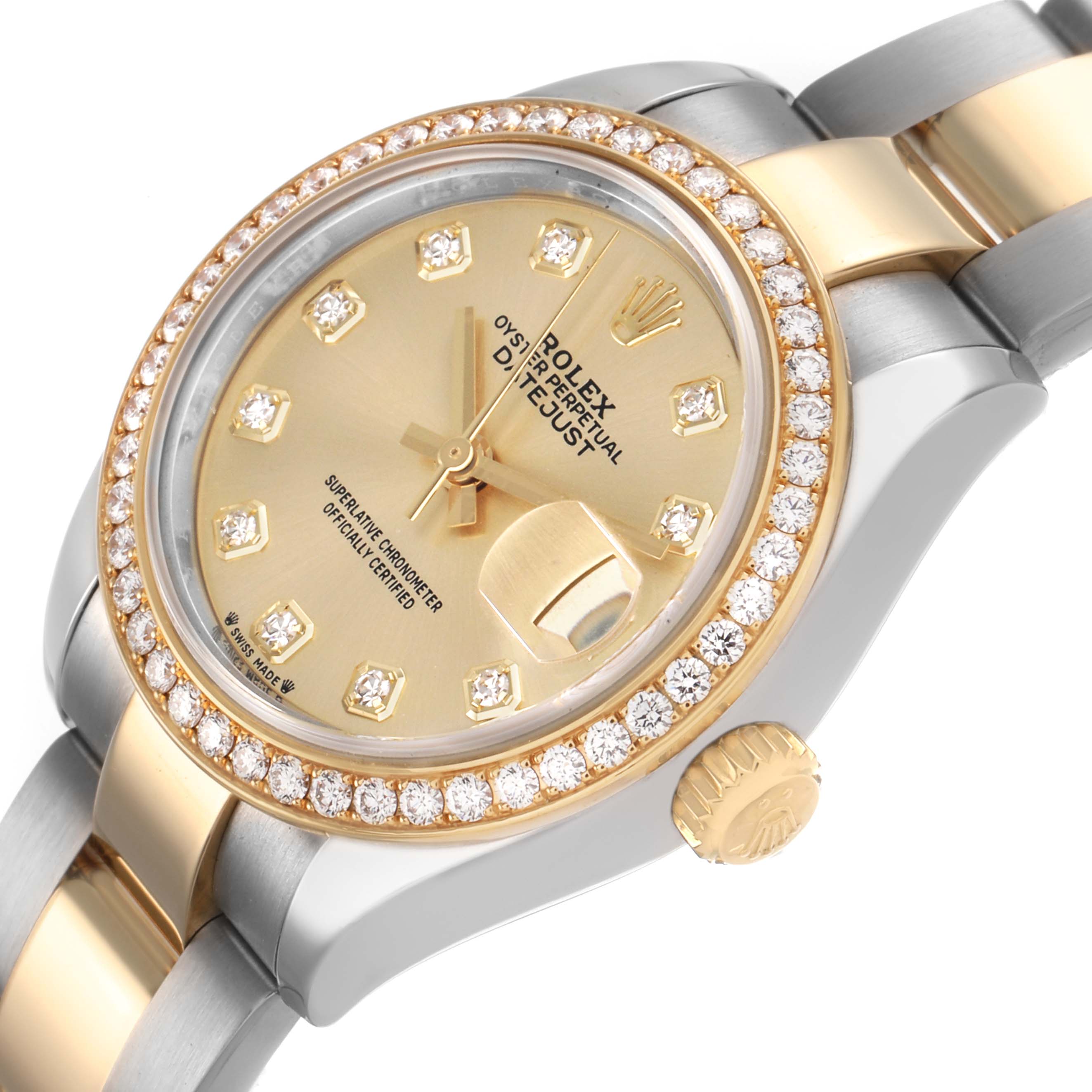 The Rolex Datejust 279383 Women's Stainless Steel Champagne Dial watch is shown at an angled side view, highlighting its gold and silver bezel, diamond hour markers, and bracelet.