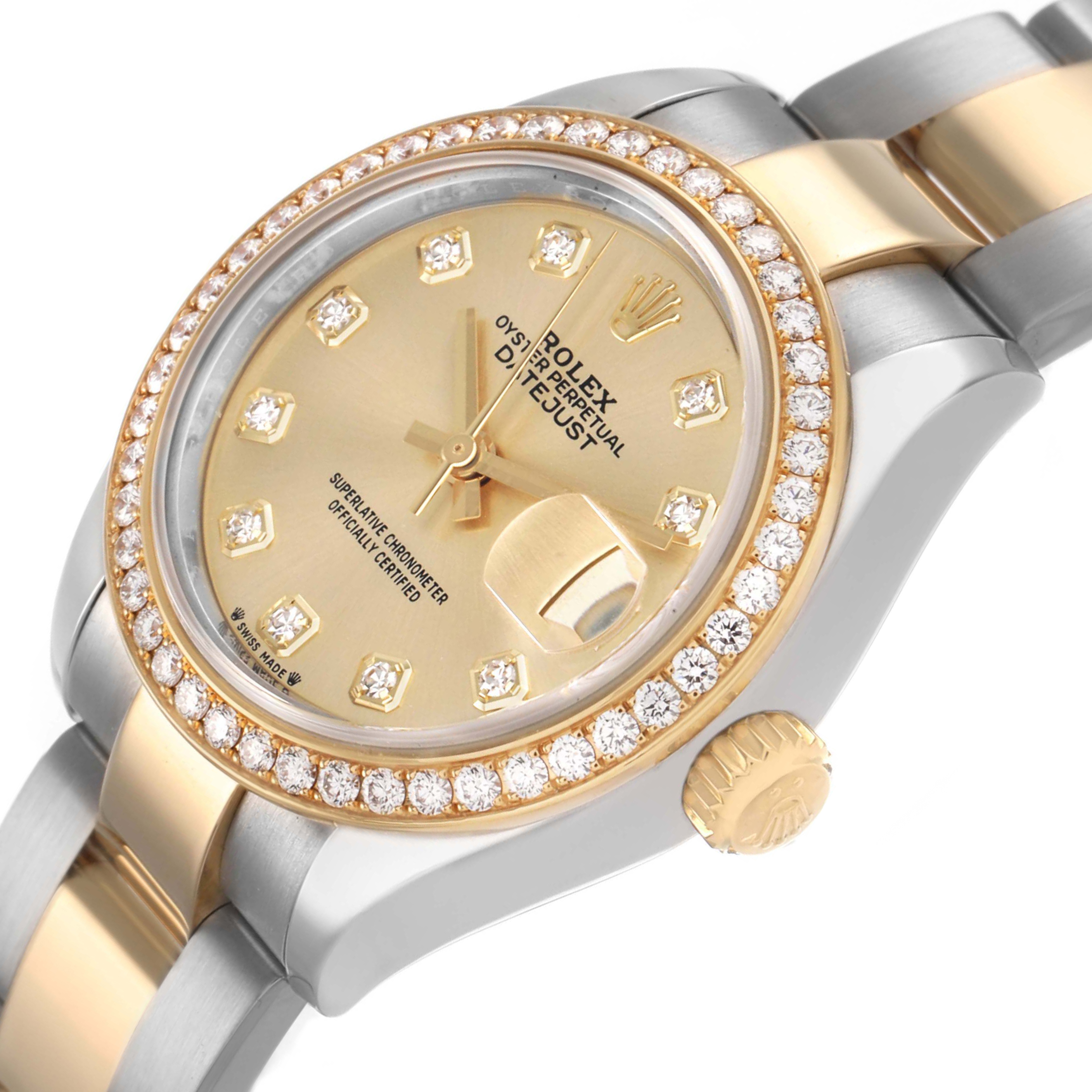 The Rolex Datejust 279383 Women's Steel and Gold (two tone) Champagne Dial watch is shown at a slight angle, highlighting the diamond bezel, gold dial, and part of the bracelet.