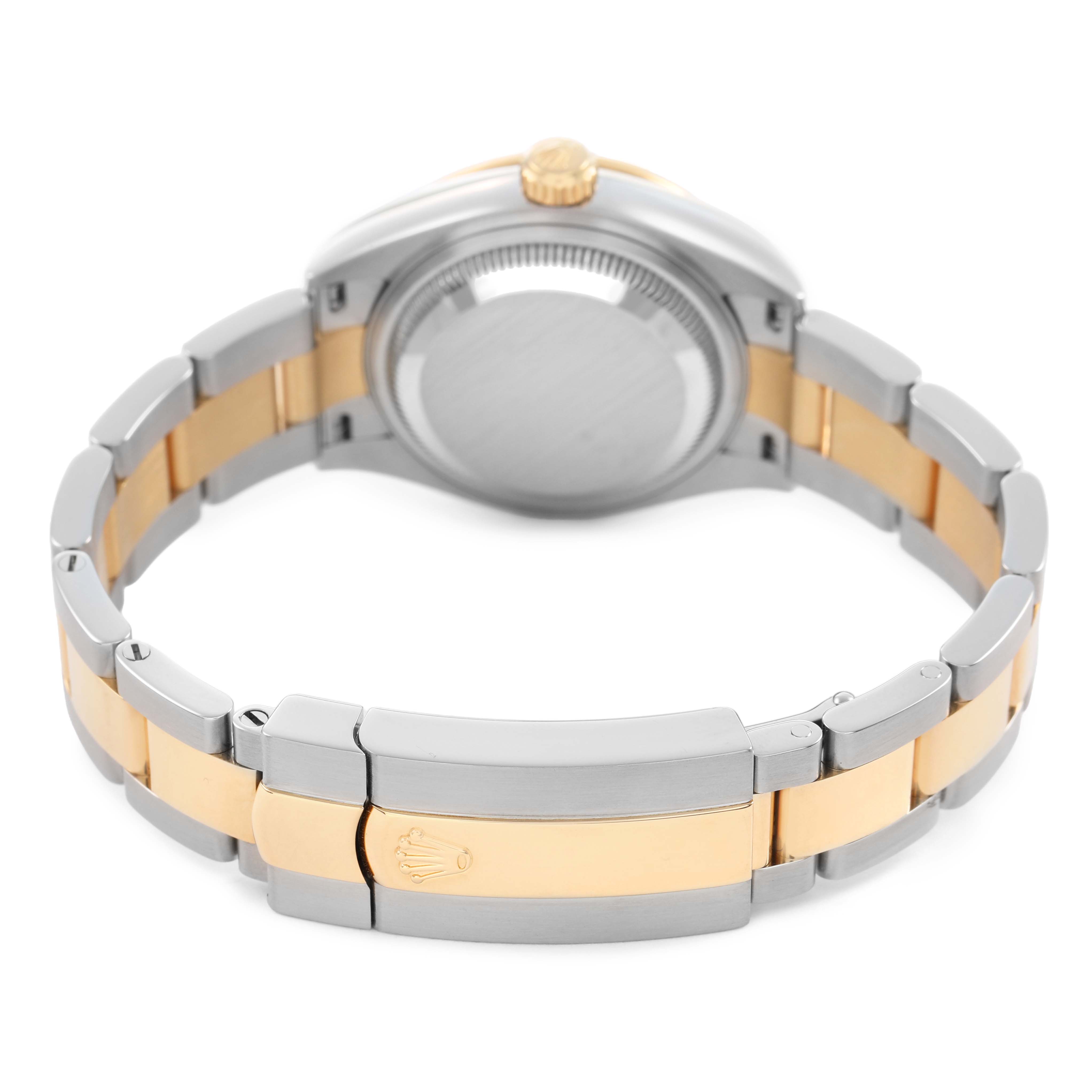 The image shows the back of a Rolex Datejust 279383 Women's Steel and Gold (two tone) Champagne Dial watch, highlighting the bracelet and clasp.