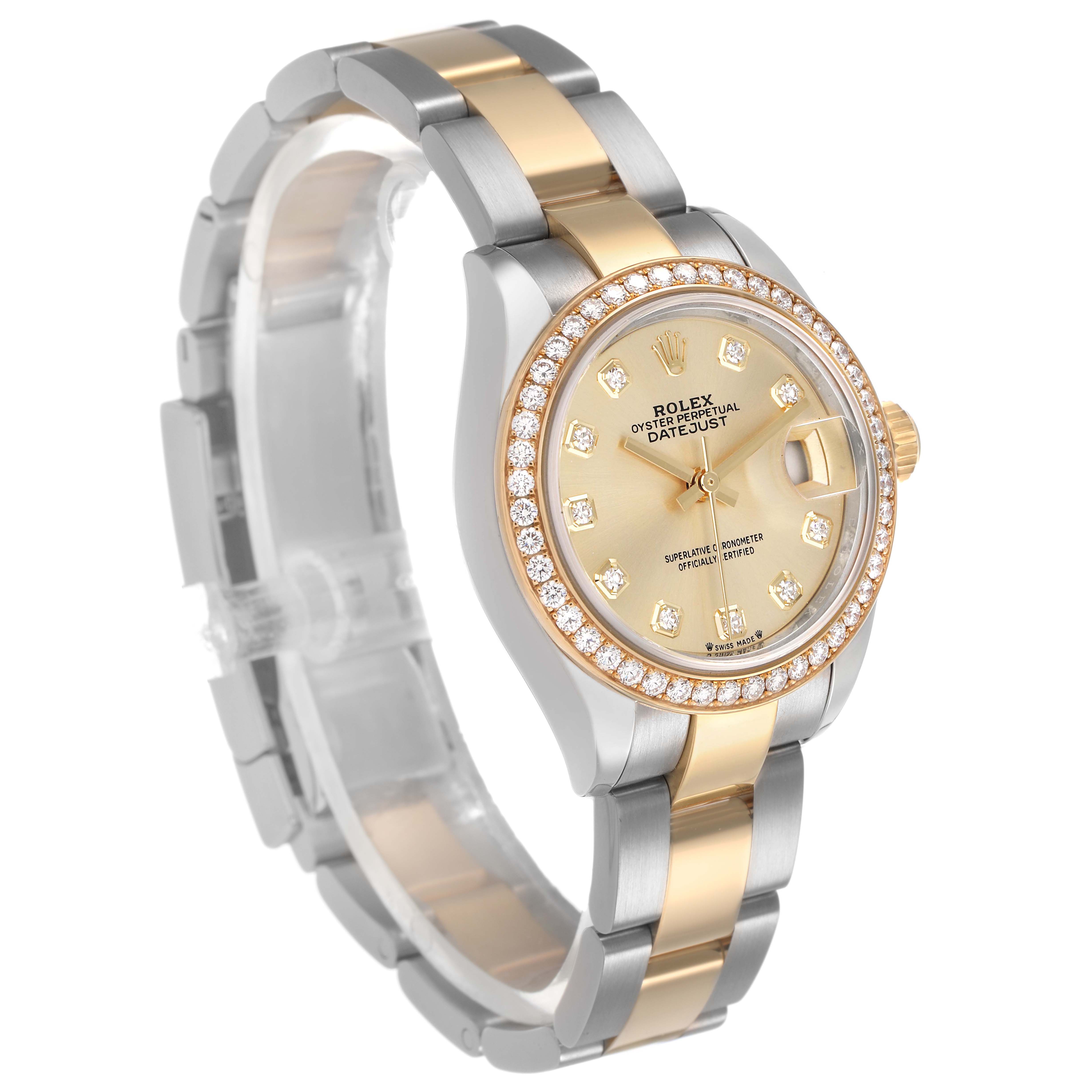 The Rolex Datejust 279383 Women's Steel and Gold (two tone) Champagne Dial watch is angled to show its face, bezel, crown, and bracelet.