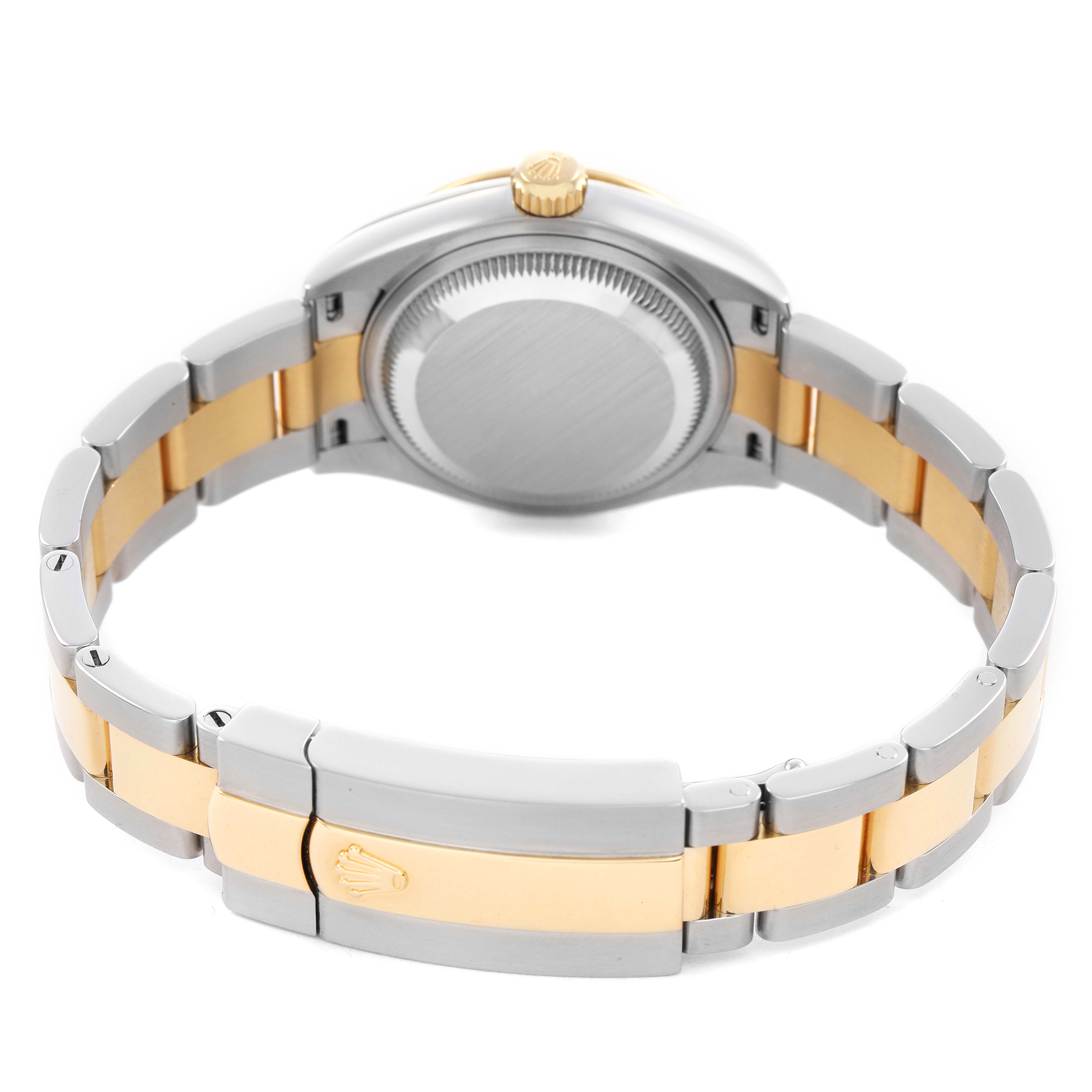 The image shows a Rolex Datejust 279383 Women's Stainless Steel Champagne Dial watch from the back, highlighting the bracelet, clasp, and screw-down case back.