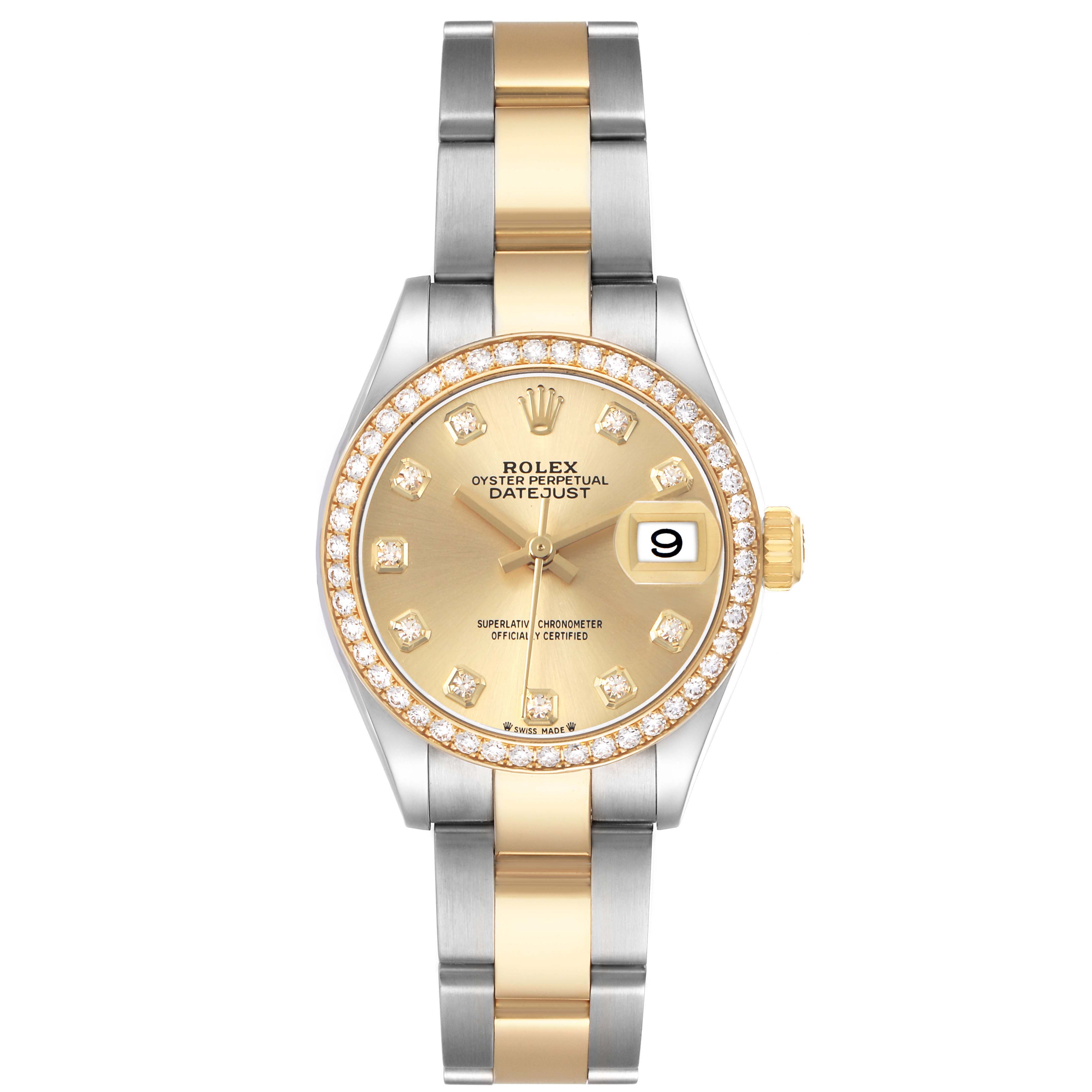 The Rolex Datejust 279383 Women's Stainless Steel Champagne Dial watch is shown from the front, highlighting the face, bezel, and bracelet.