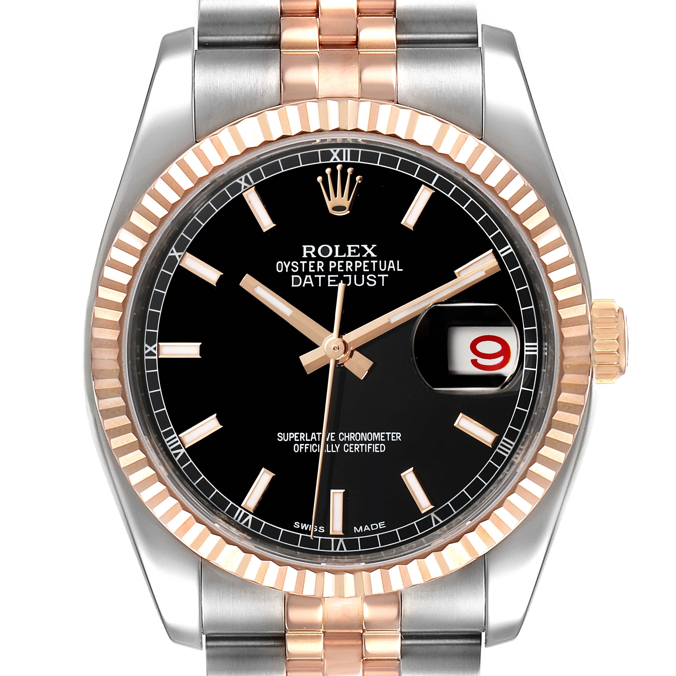 This image shows a front view of the Rolex Datejust 116231 Men's Steel and Gold (two tone) Black Dial 116231 Men's Steel and Gold (two tone) Black Dial watch, highlighting its black dial, fluted bezel, and two-tone bracelet.