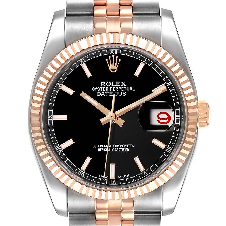 Rolex Datejust 36 Black Dial Steel EveRose Gold Mens Watch 116231 Unworn SwissWatchExpo