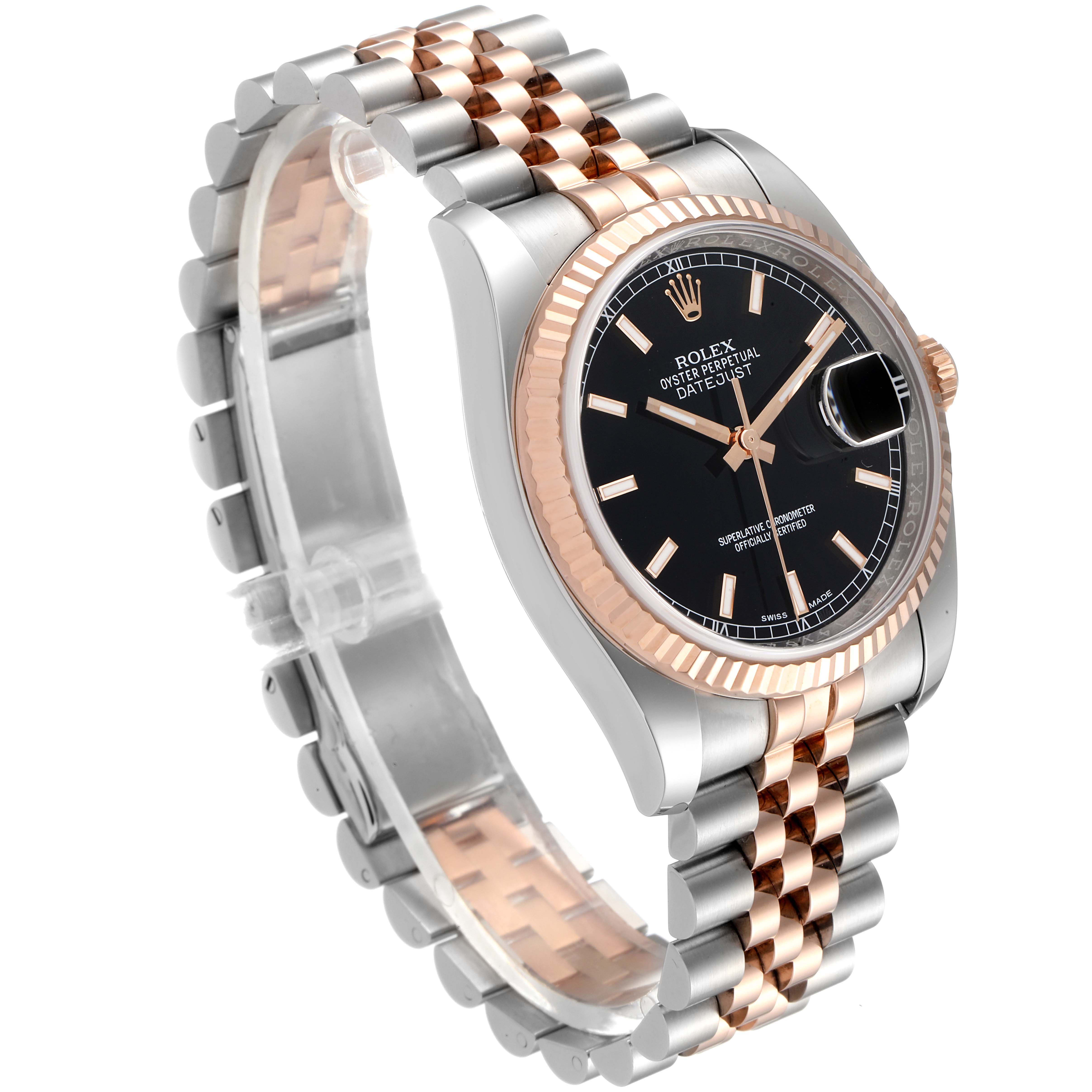 The image shows a Rolex Datejust 116231 Men's Steel and Gold (two tone) Black Dial 116231 Men's Steel and Gold (two tone) Black Dial watch angled from the top front, highlighting the dial, bezel, case, and bracelet.