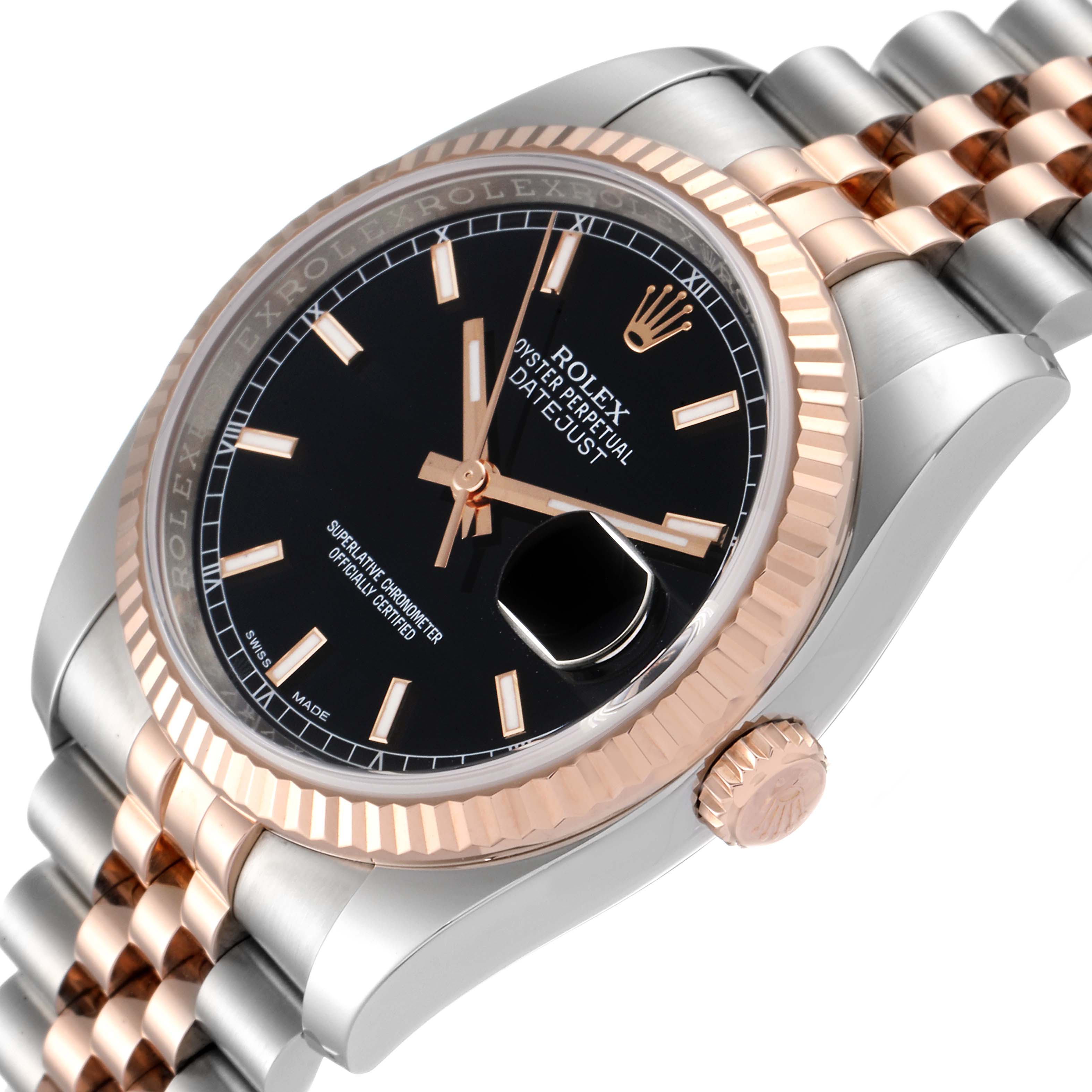 The image shows a close-up of the Rolex Datejust 116231 Men's Steel and Gold (two tone) Black Dial 116231 Men's Steel and Gold (two tone) Black Dial watch from an angled perspective, highlighting the bezel, crown, dial, and part of the two-tone bracelet.