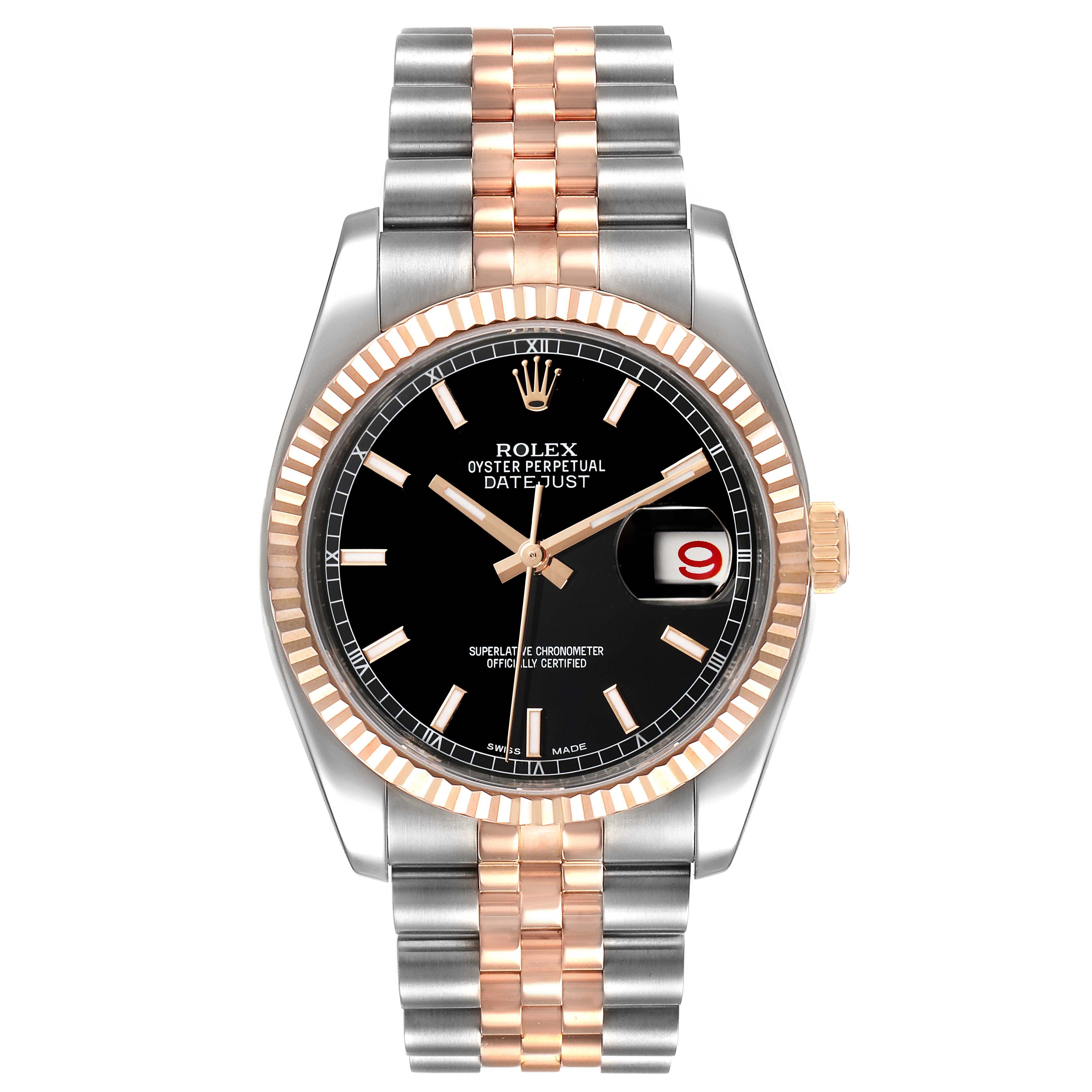 The image shows a front view of a Rolex Datejust 116231 Men's Steel and Gold (two tone) Black Dial 116231 Men's Steel and Gold (two tone) Black Dial watch featuring a black dial, date display, and a two-tone bracelet.