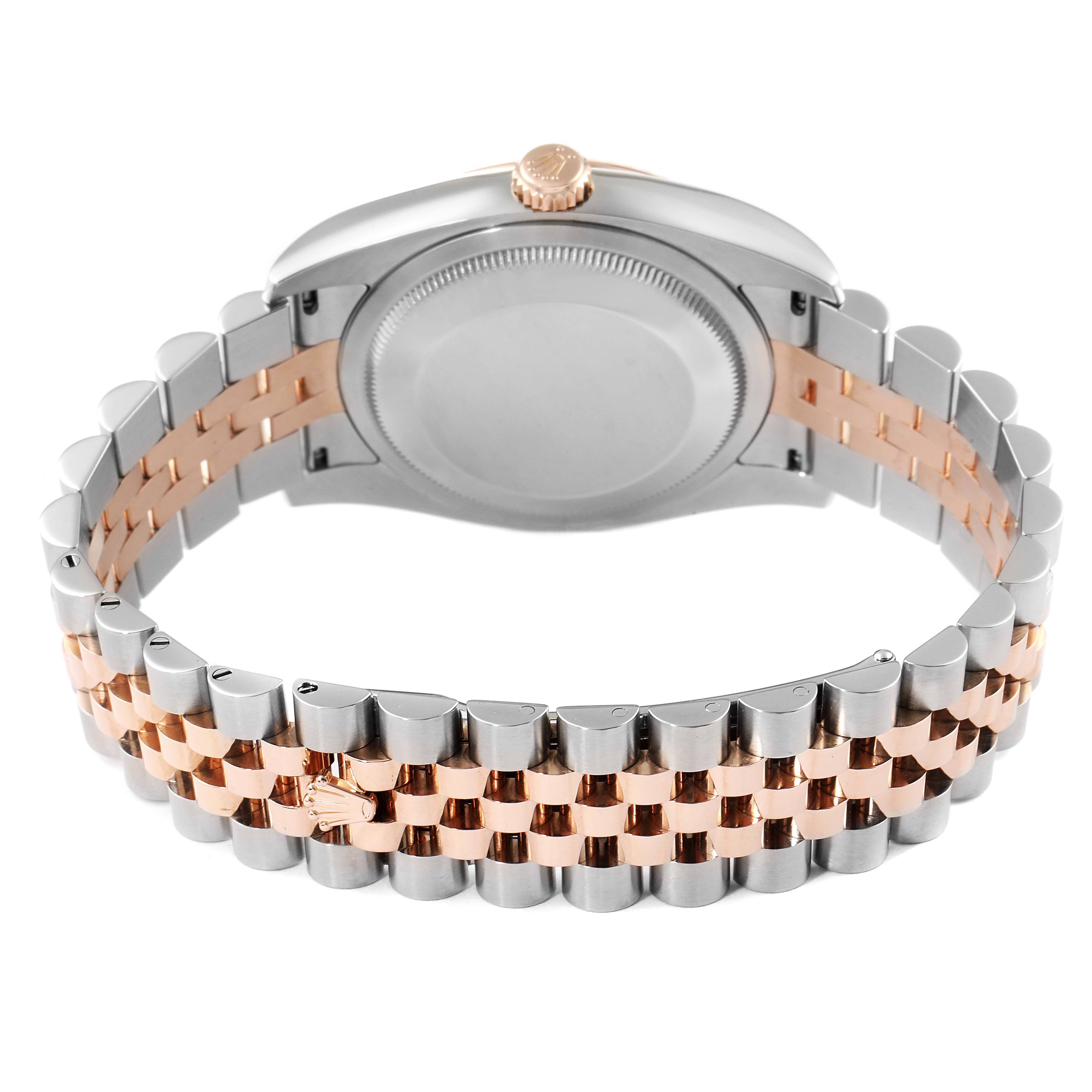 The image shows the back of a Rolex Datejust 116231 Men's Steel and Gold (two tone) Black Dial 116231 Men's Steel and Gold (two tone) Black Dial watch, detailing the caseback and the two-tone Jubilee bracelet.