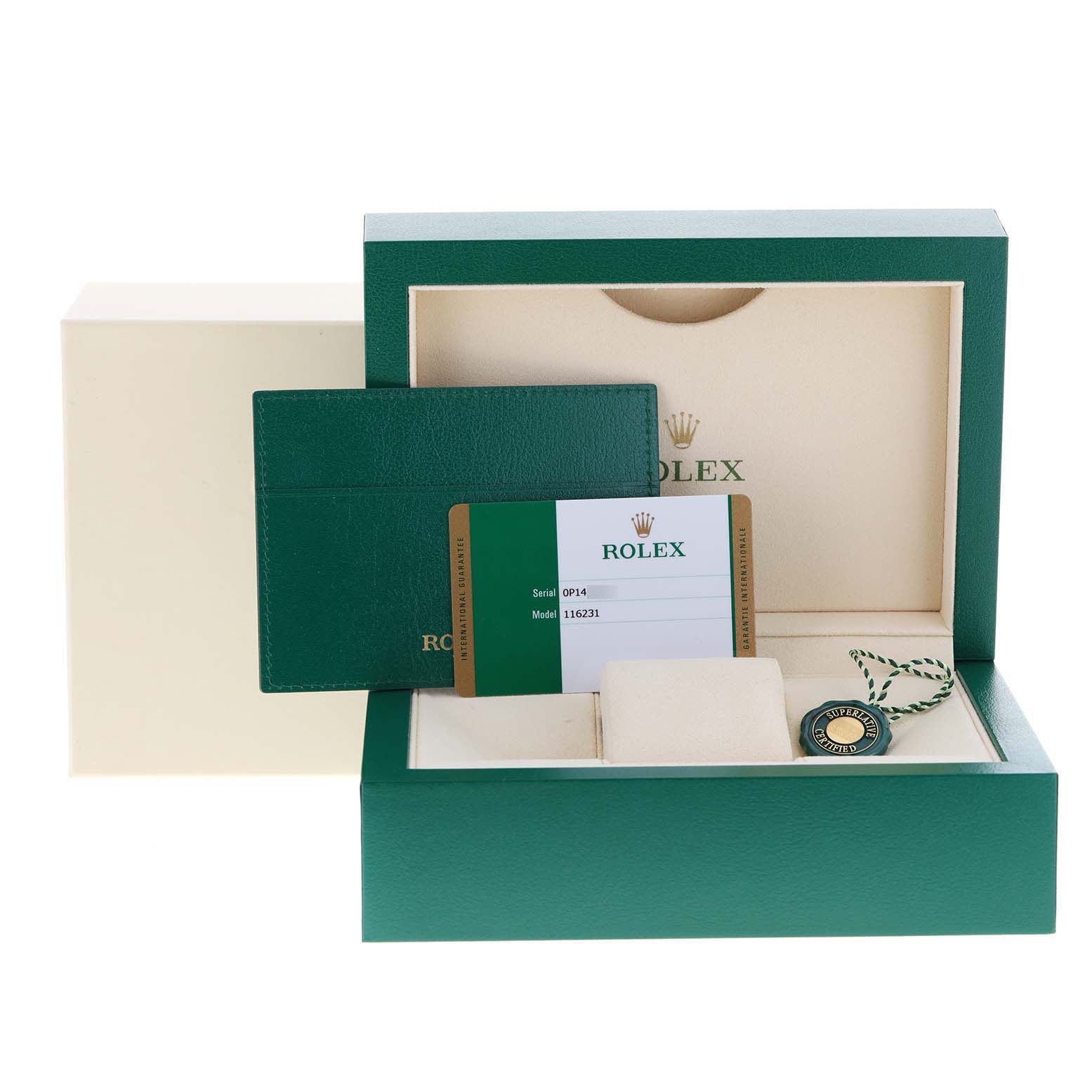 The image shows the Rolex Datejust 116231 Men's Steel and Gold (two tone) Black Dial 116231 Men's Steel and Gold (two tone) Black Dial watch accessories, including the box, cardholder, warranty card, and hang tag.