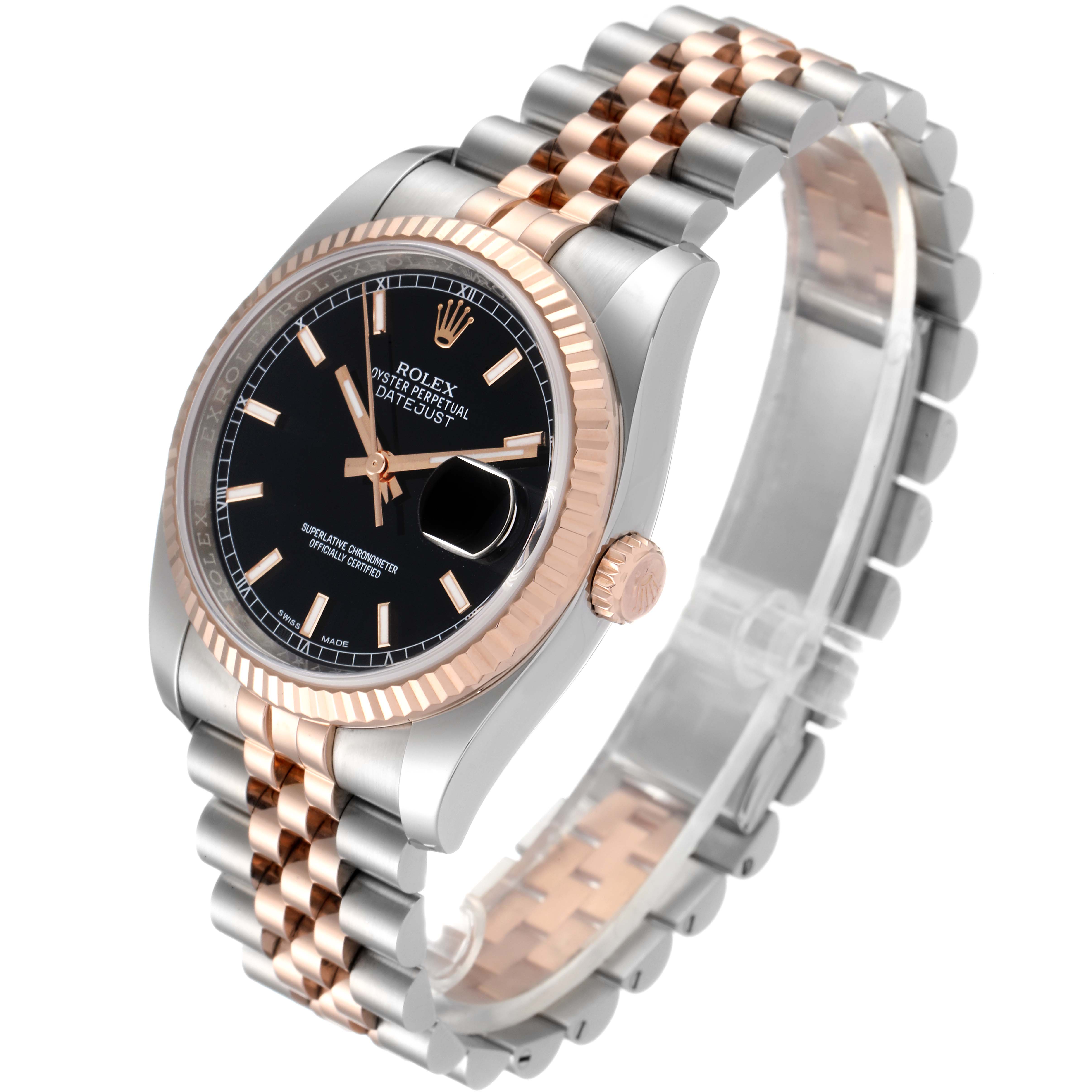 The image shows a Rolex Datejust 116231 Men's Steel and Gold (two tone) Black Dial 116231 Men's Steel and Gold (two tone) Black Dial watch at a three-quarter angle, highlighting its face, bezel, and bracelet.
