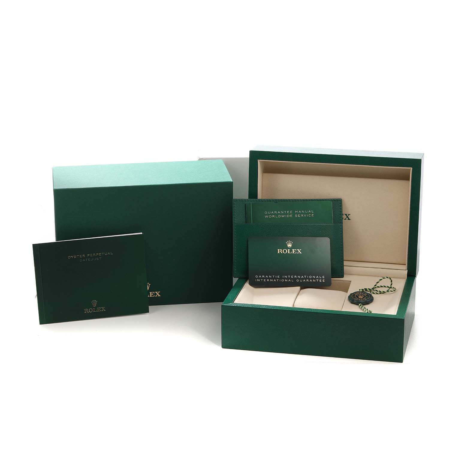 The image shows packaging and accessories for a Rolex Datejust 126231 Men's Steel and Gold (two tone) White Dial, including boxes, a booklet, warranty card, and a tag.