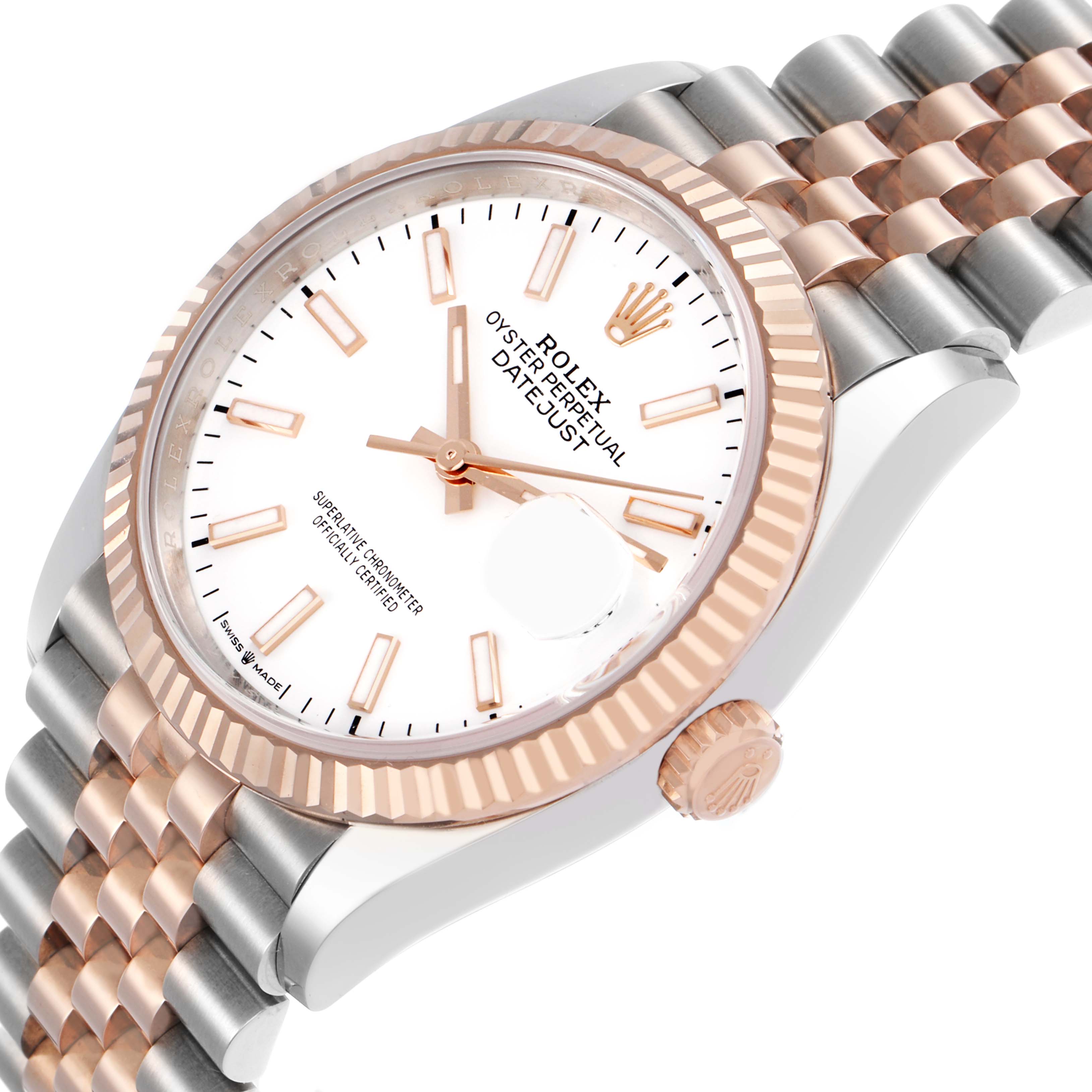 The Rolex Datejust 126231 Men's Steel and Gold (two tone) White Dial watch is shown at a slight angle, displaying its face, fluted bezel, and part of the Jubilee bracelet.