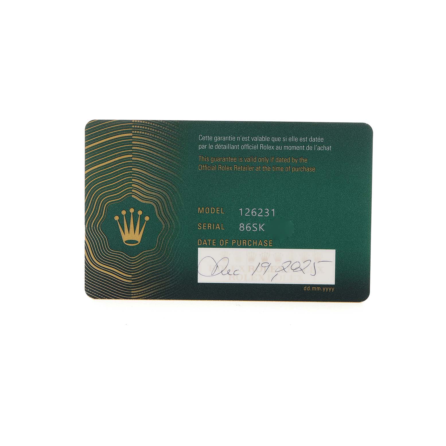 The image shows a green Rolex Datejust 126231 Men's Steel and Gold (two tone) White Dial model warranty card displaying model and serial numbers.