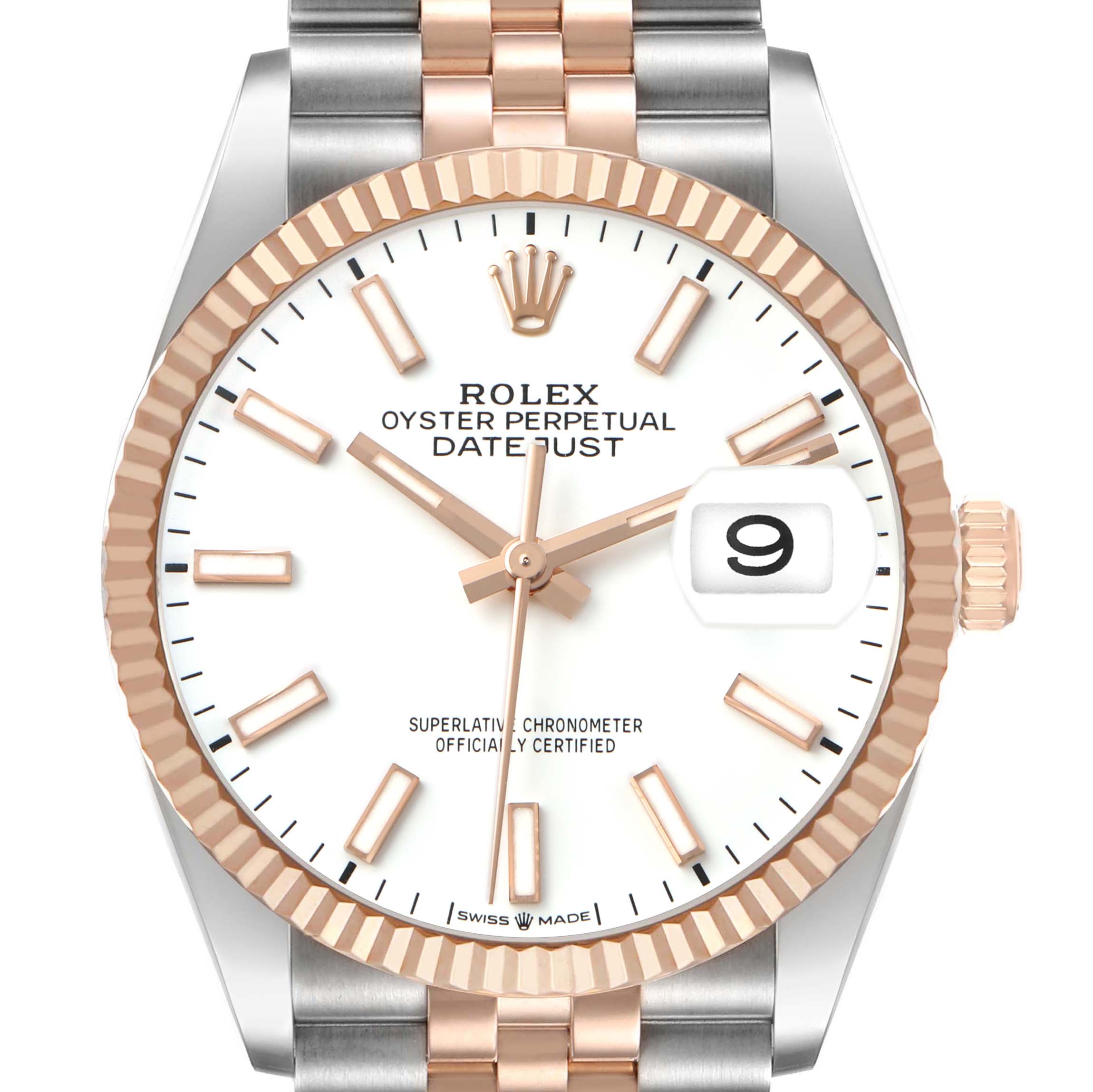 The Rolex Datejust 126231 Men's Steel and Gold (two tone) White Dial watch is shown from the front, highlighting its dial, fluted bezel, crown, and part of the bracelet.