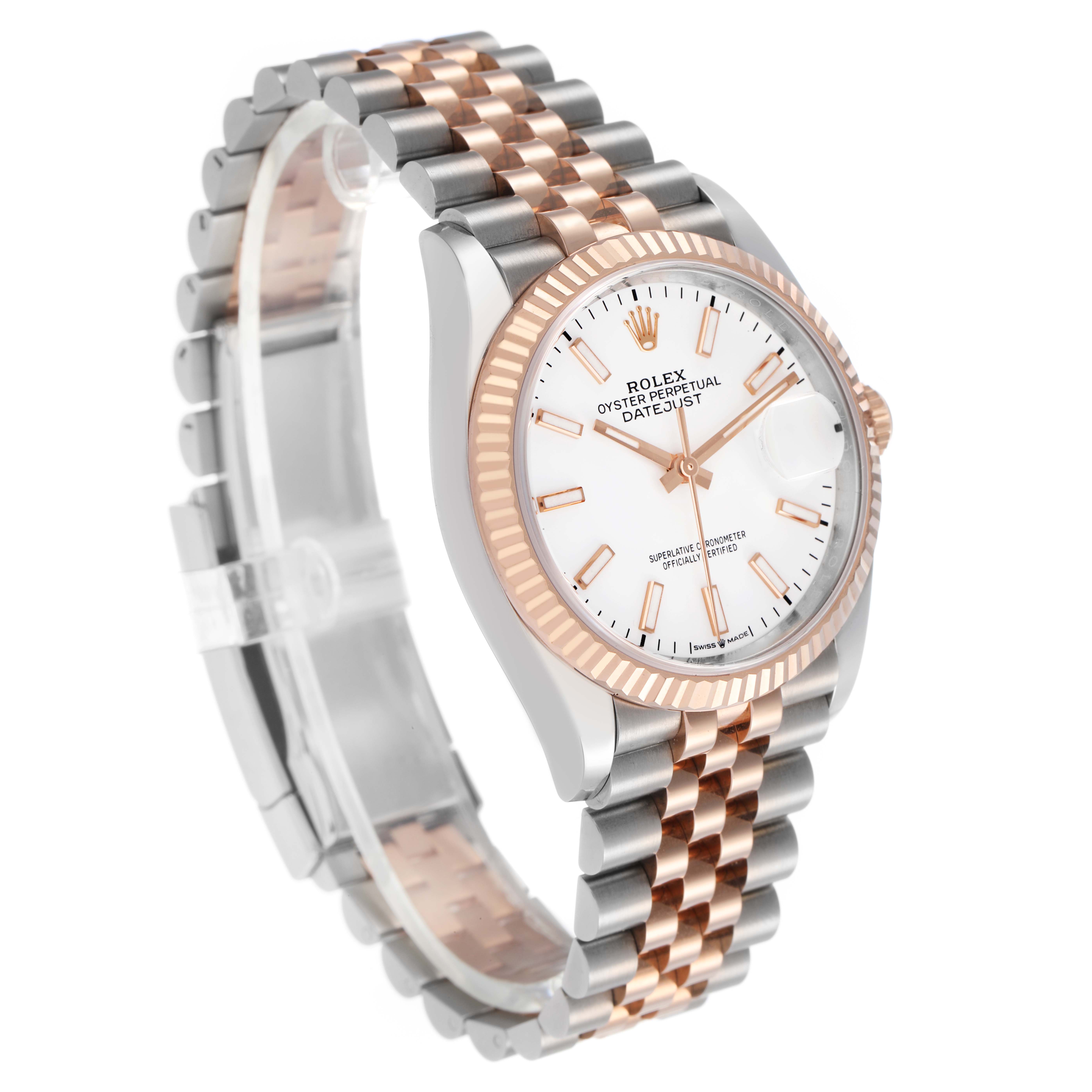 The Rolex Datejust 126231 Men's Steel and Gold (two tone) White Dial watch is shown at a front angle highlighting the bezel, dial, and Jubilee bracelet.