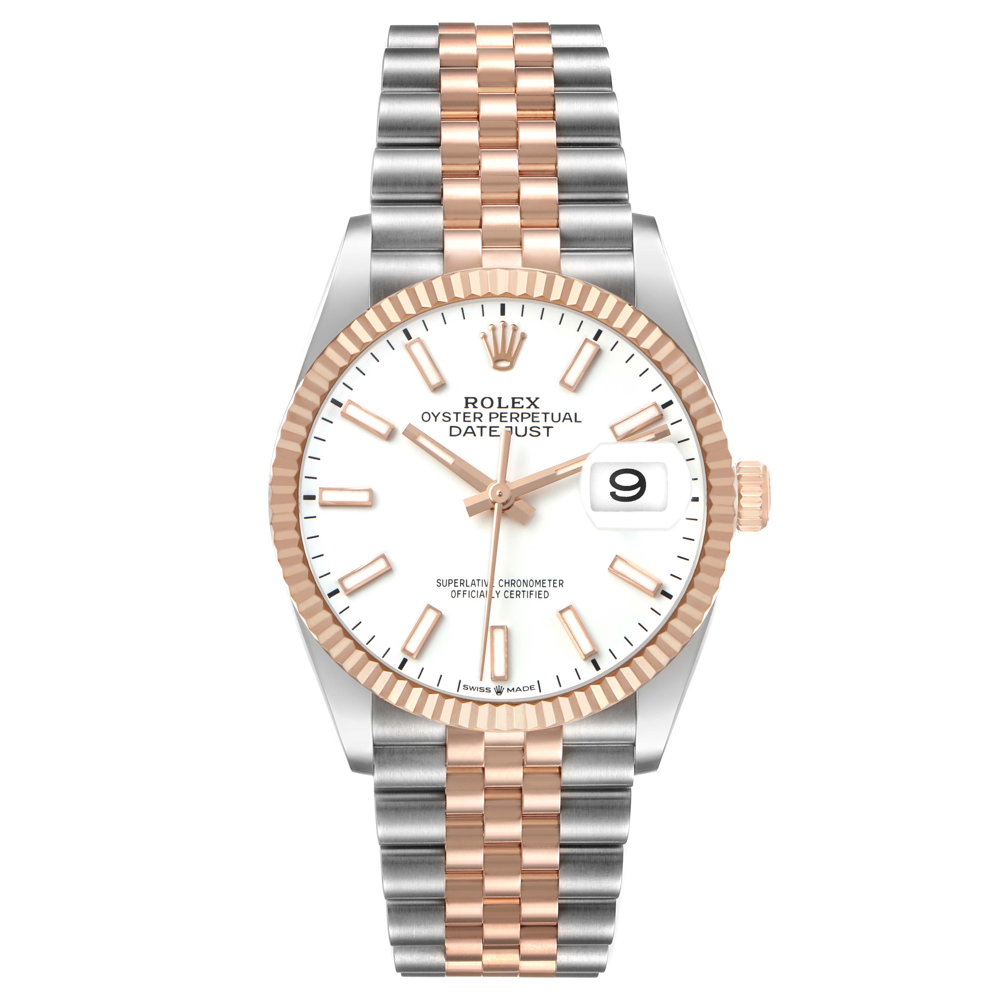 The Rolex Datejust 126231 Men's Steel and Gold (two tone) White Dial watch is shown from a top-down angle, highlighting the dial, bezel, crown, and bracelet.