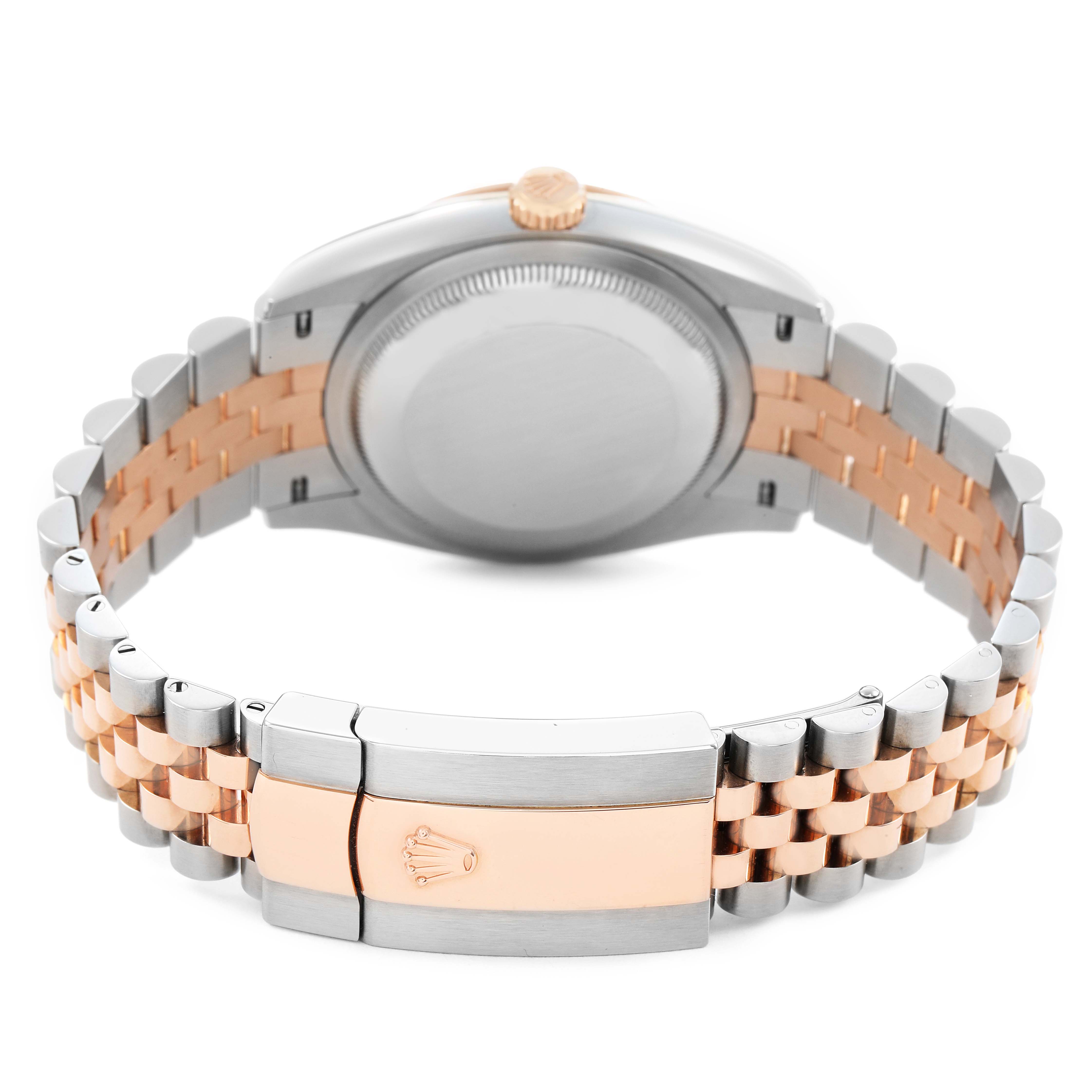 The Rolex Datejust 126231 Men's Steel and Gold (two tone) White Dial is shown from the back, highlighting the bracelet, clasp, and case back.
